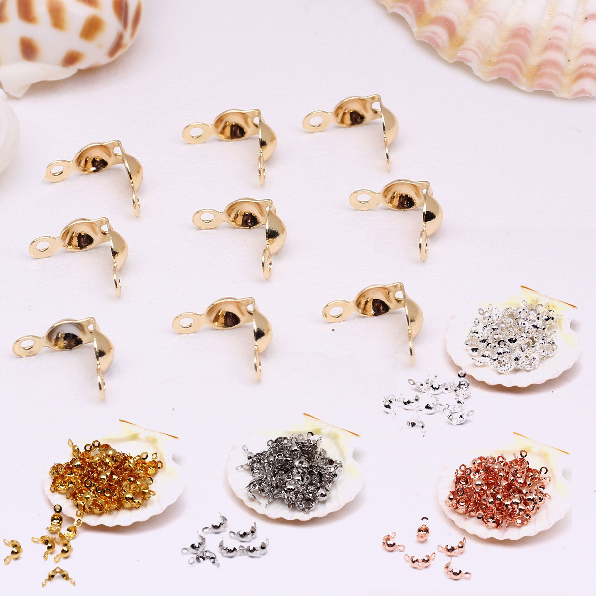 Gold Plated Copper Bead Tips Knot Covers Clamshell Crimp Bead Clasp 50pcs Multiple Color