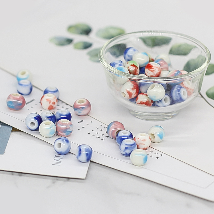Handmade 8.6mm Spray Color Glaze Ceramic Round Beads 100pcs