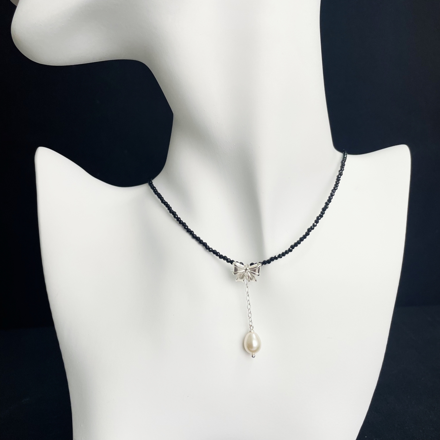 Black Spinel Necklace with Delicate Bow-likayjewel
