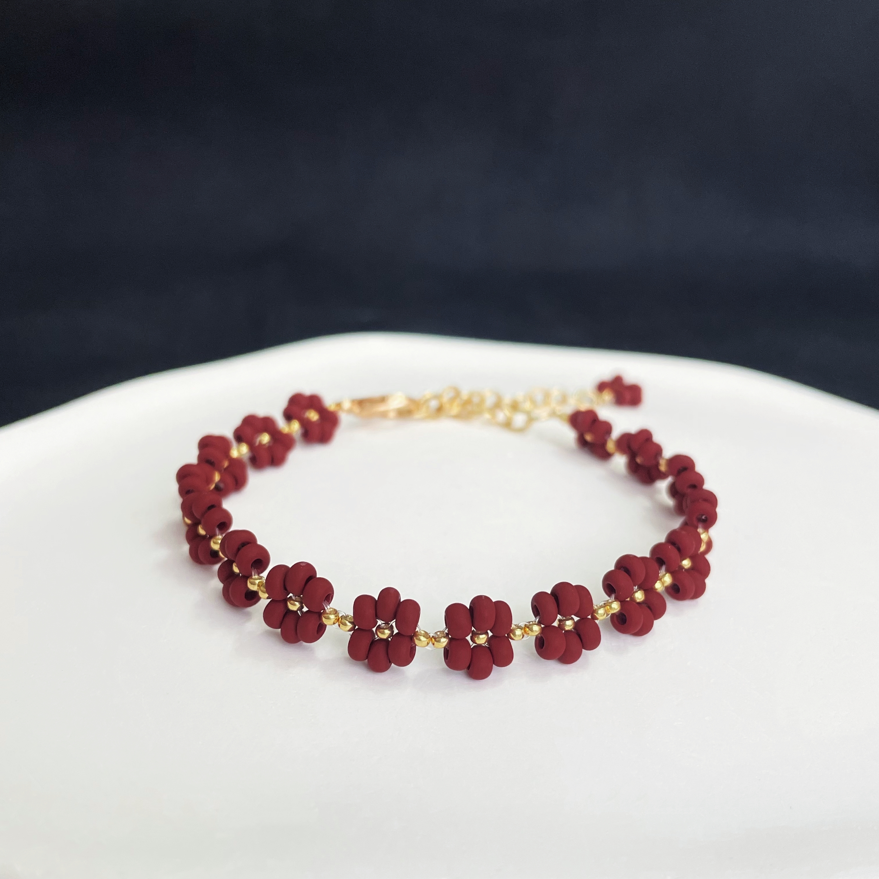 Red Velvety Beads Flowers Bracelet