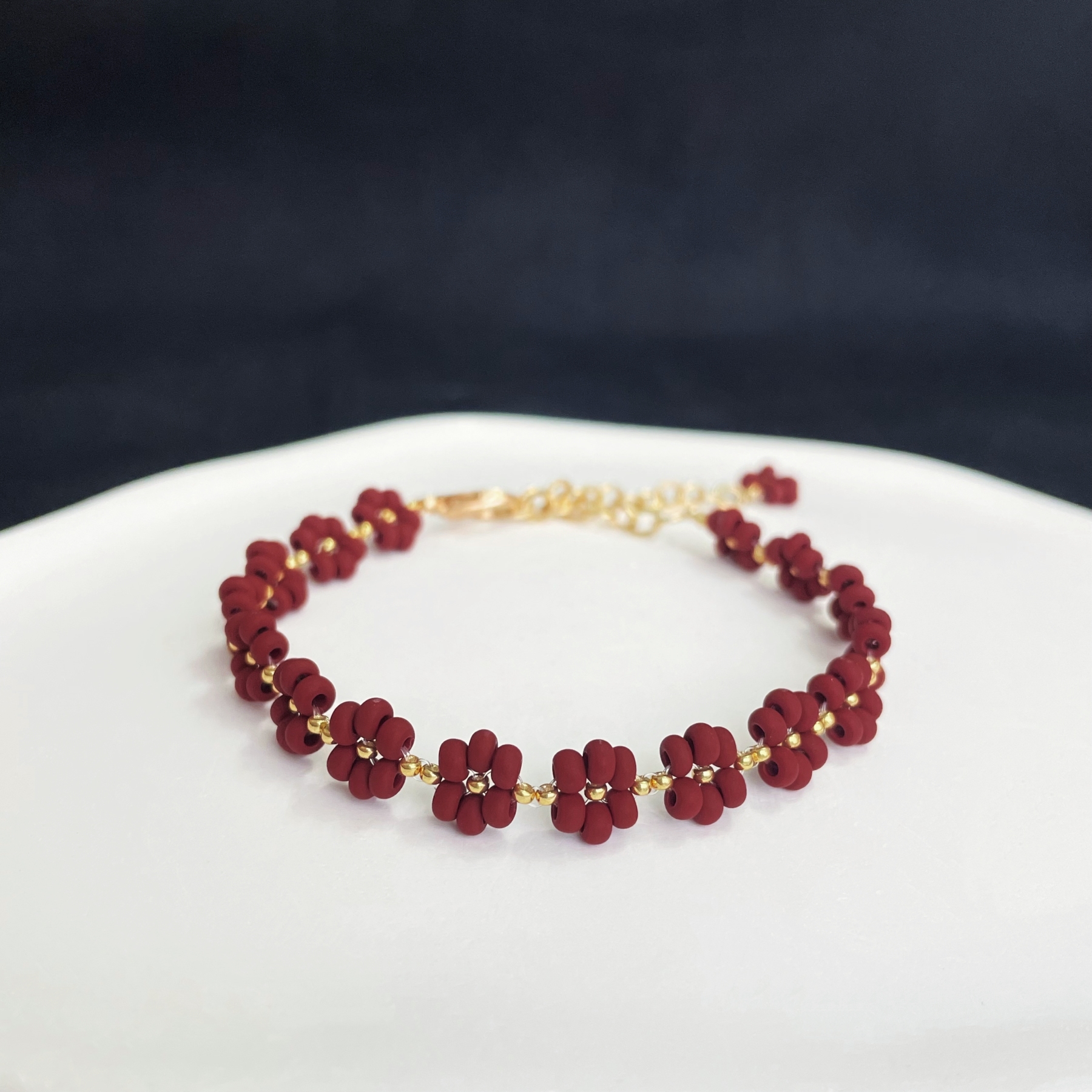 Red Velvety Beads Flowers Bracelet