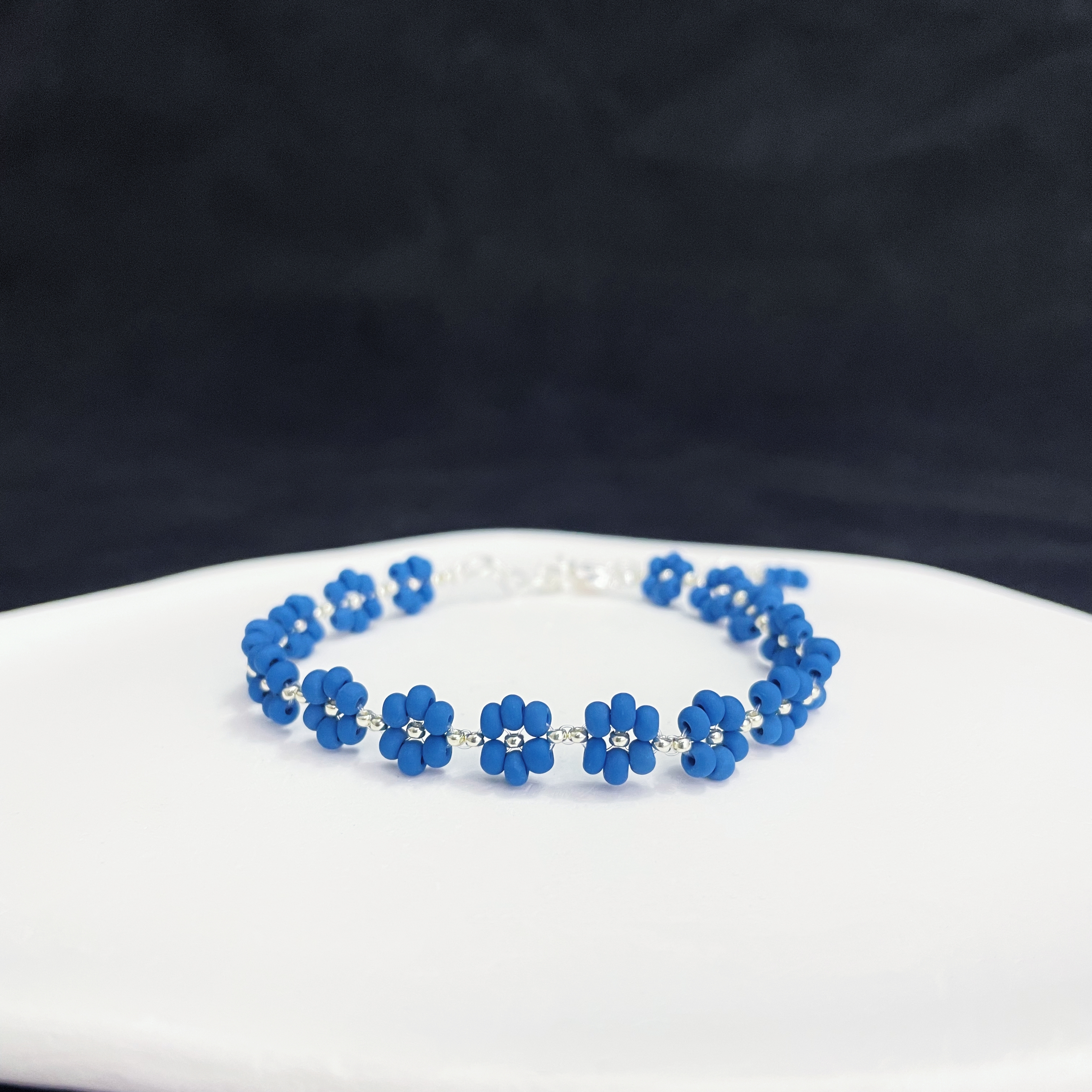 Royal Blue Velvet Bead Flowers Bracelet
