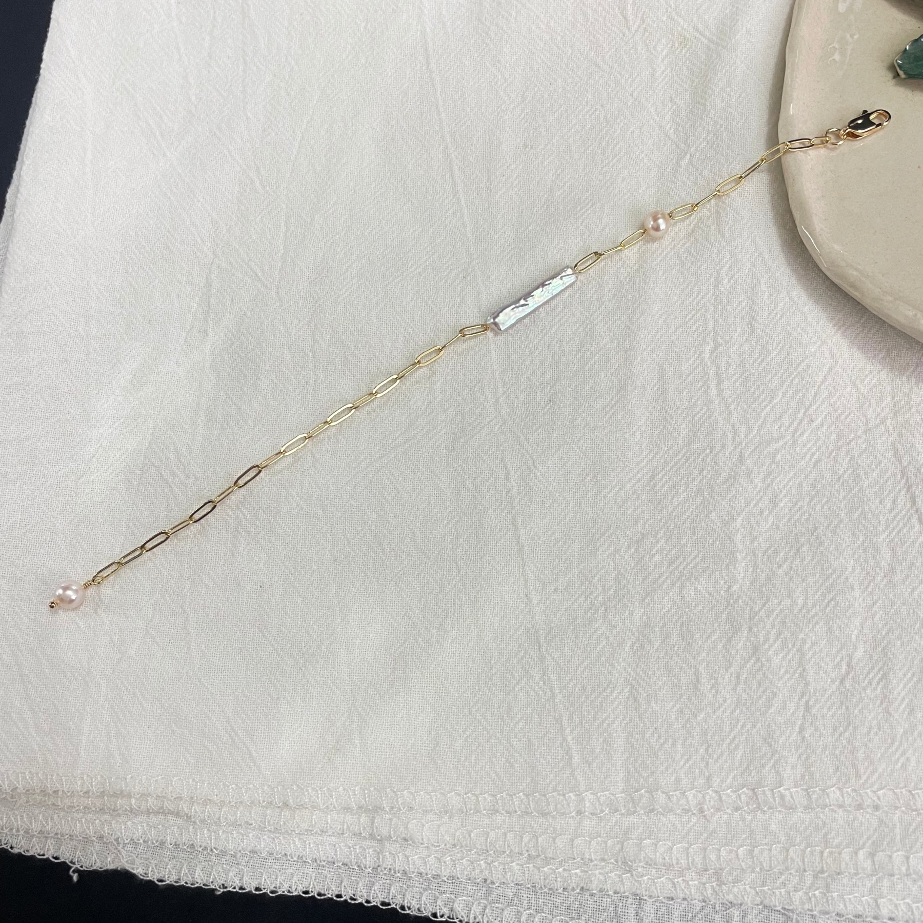 Baroque Pearl Bar Square Chain Bracelet