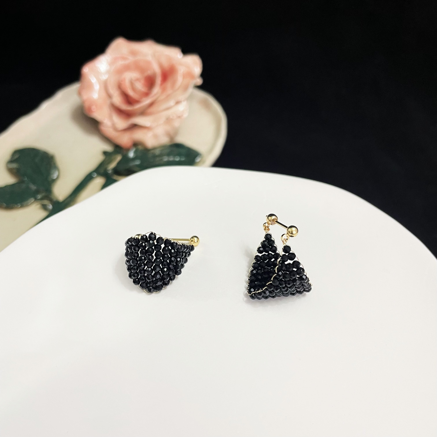 Woven Black Spinel Earrings Black Boat in the Milky Way