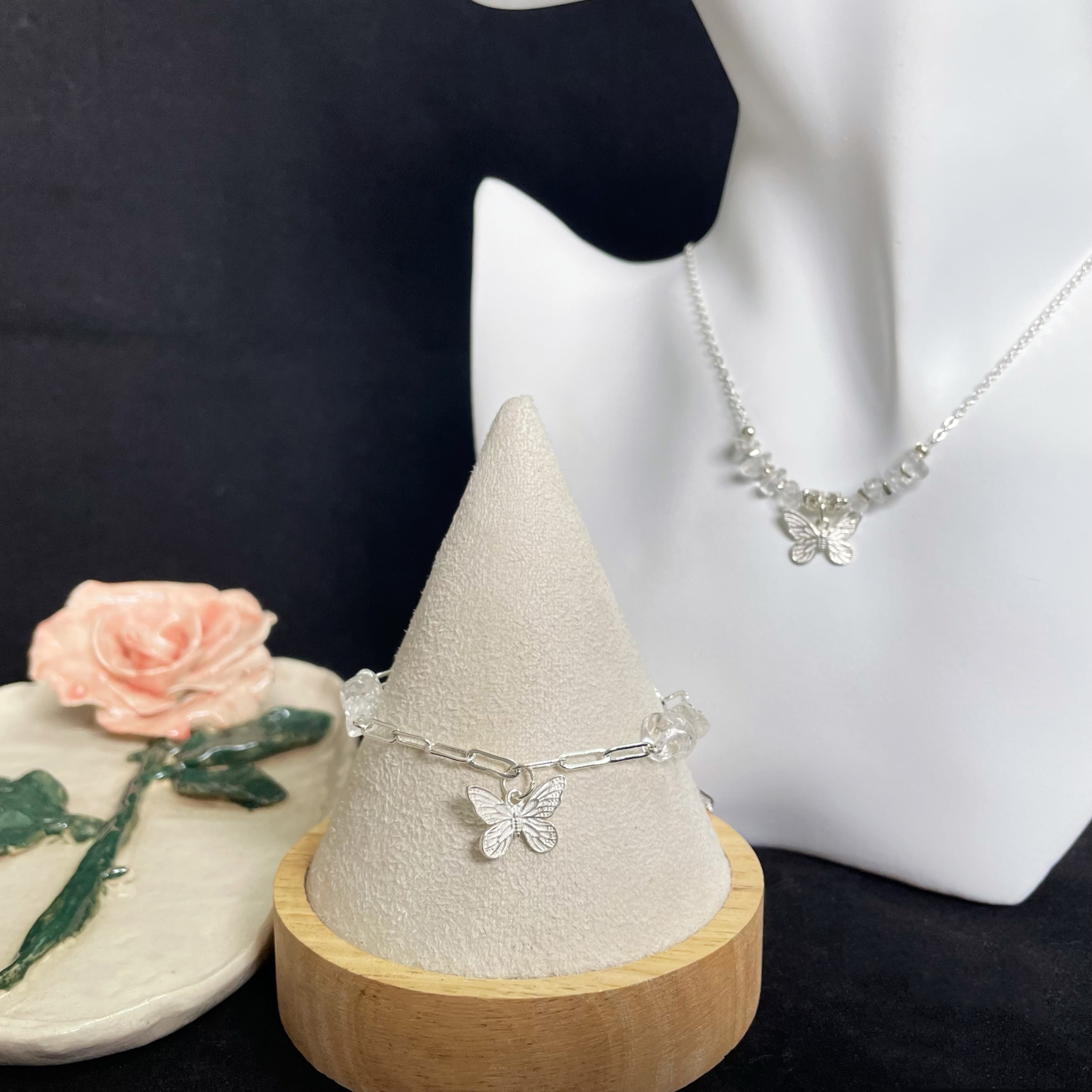 Clear Quartz Silver Butterfly Bracelet