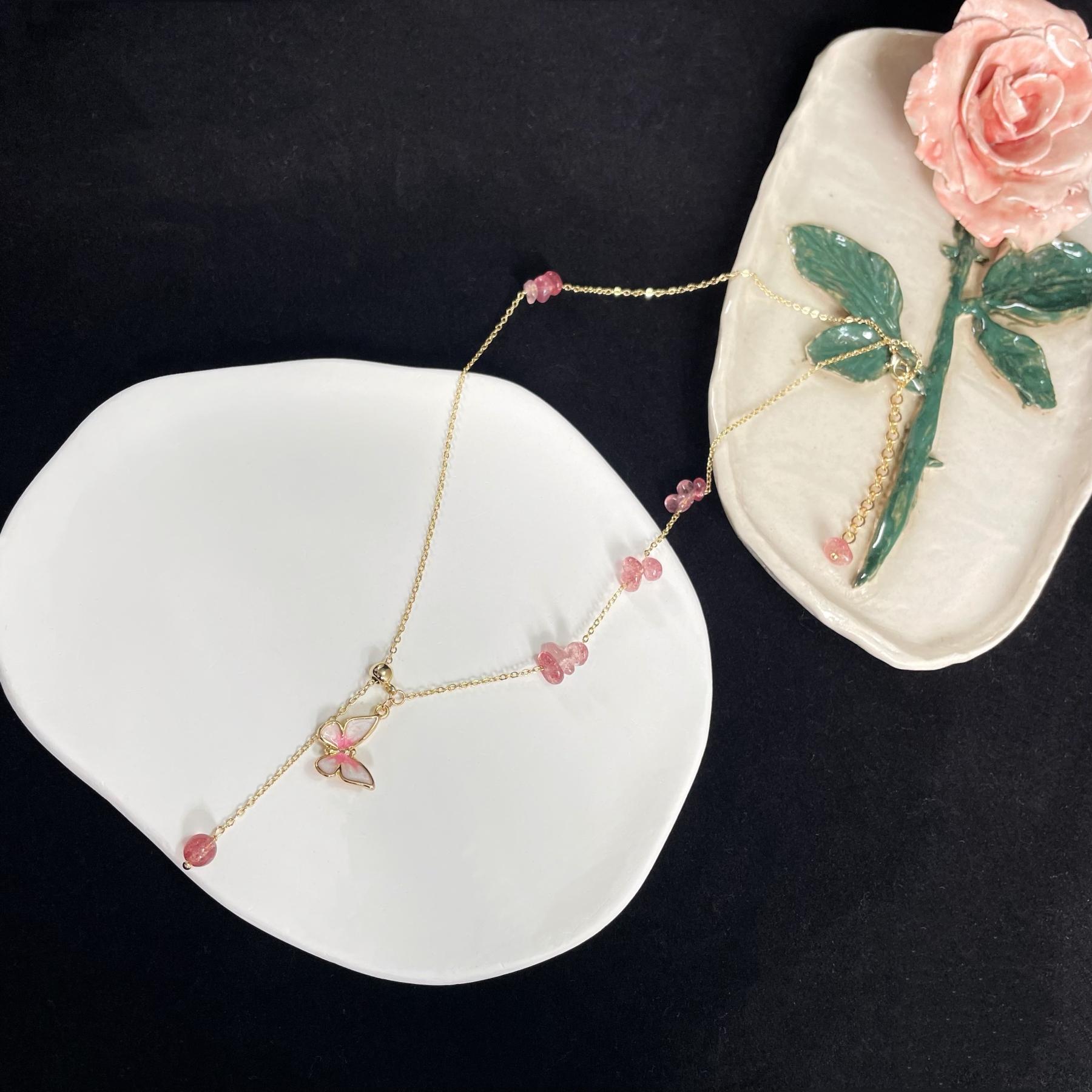 Pink Butterfly Strawberry Quartz Necklace