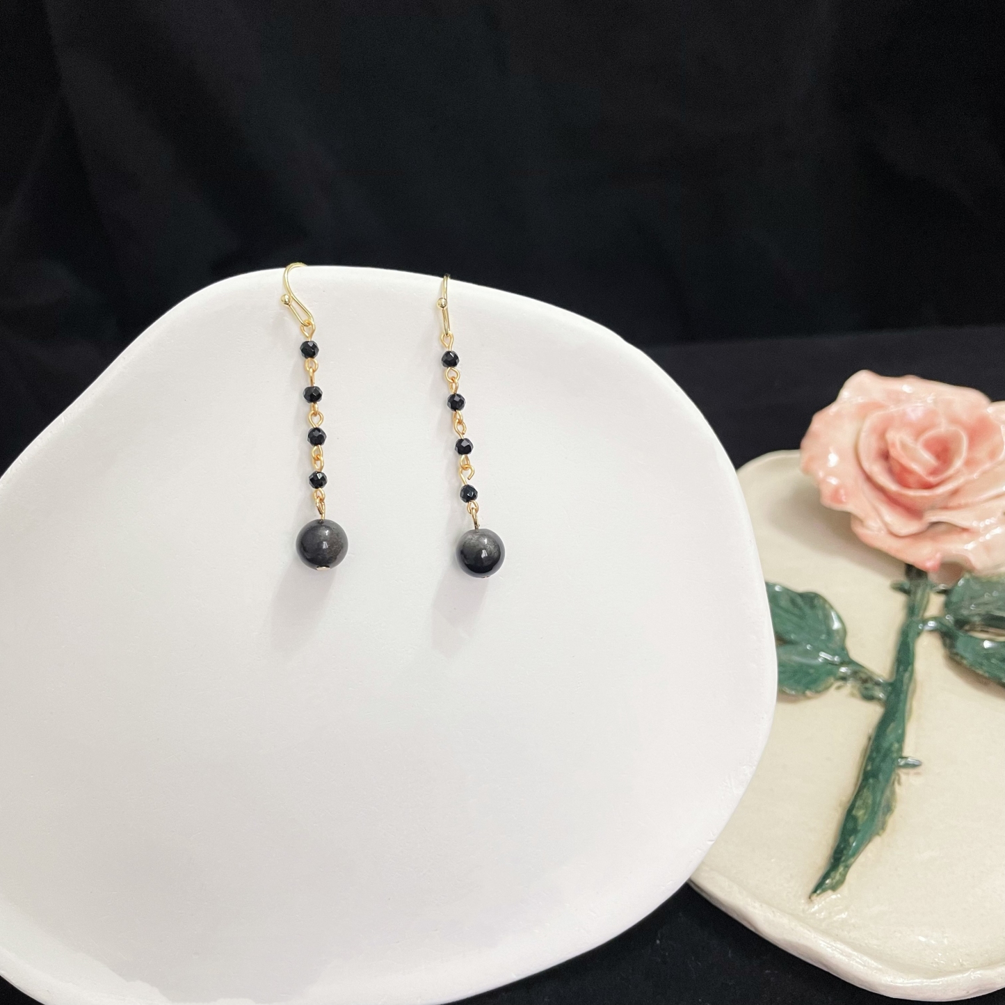 Elegant Black Spinel Chain Earrings with Silver Obsidian