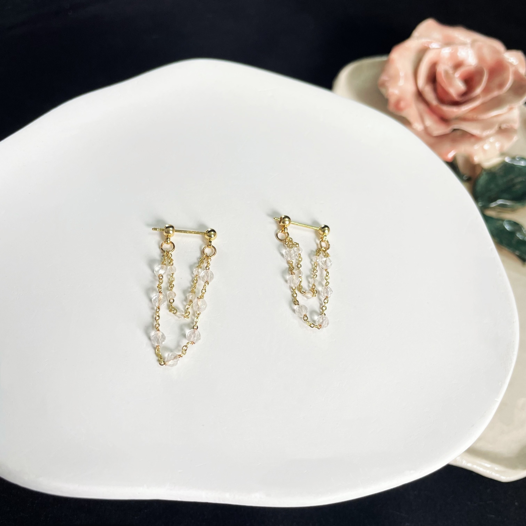 Double Clear Quartz Chains Semi-Hook Earrings