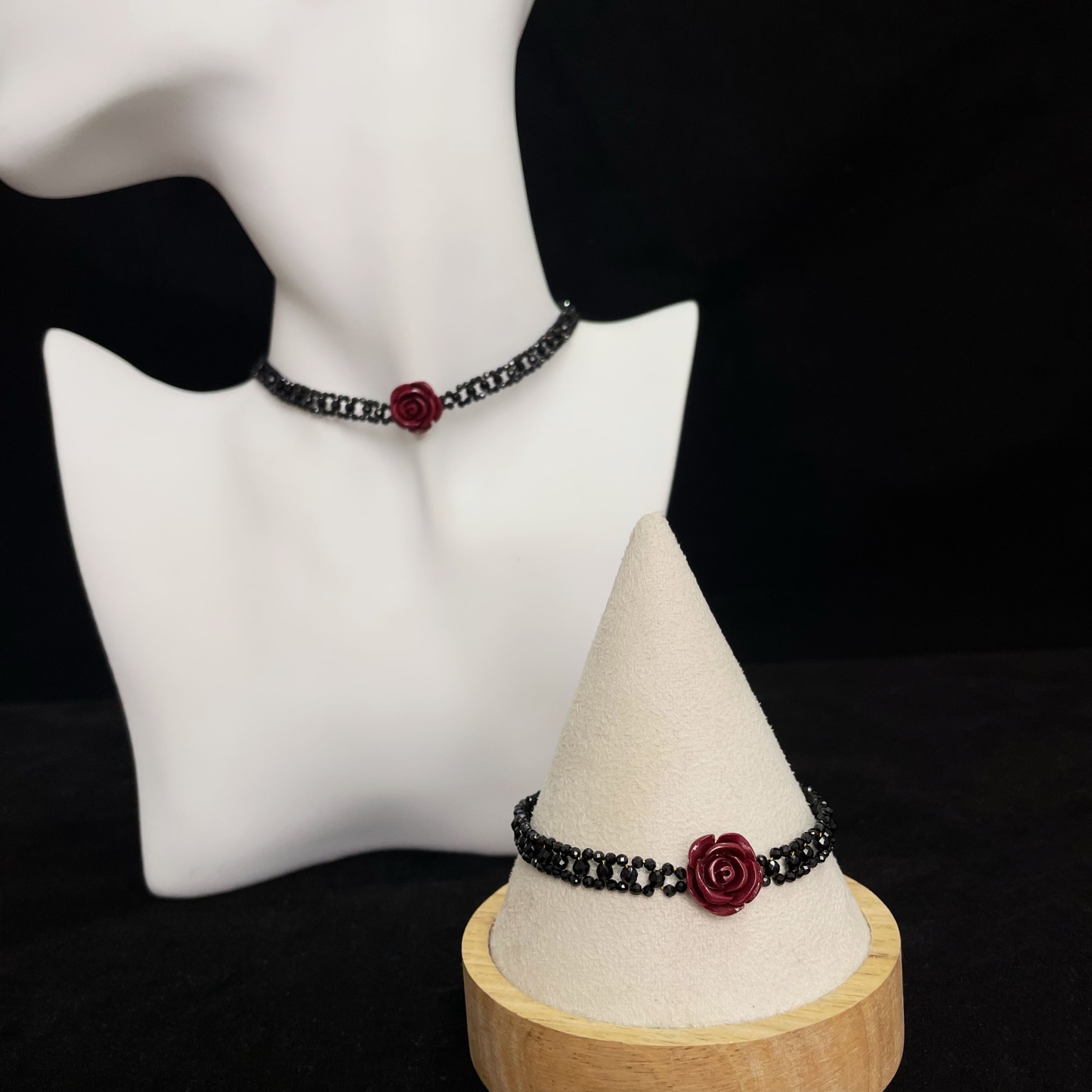 Woven Black Spinels Lace with Vermilion Stone Carved Rose Bracelet
