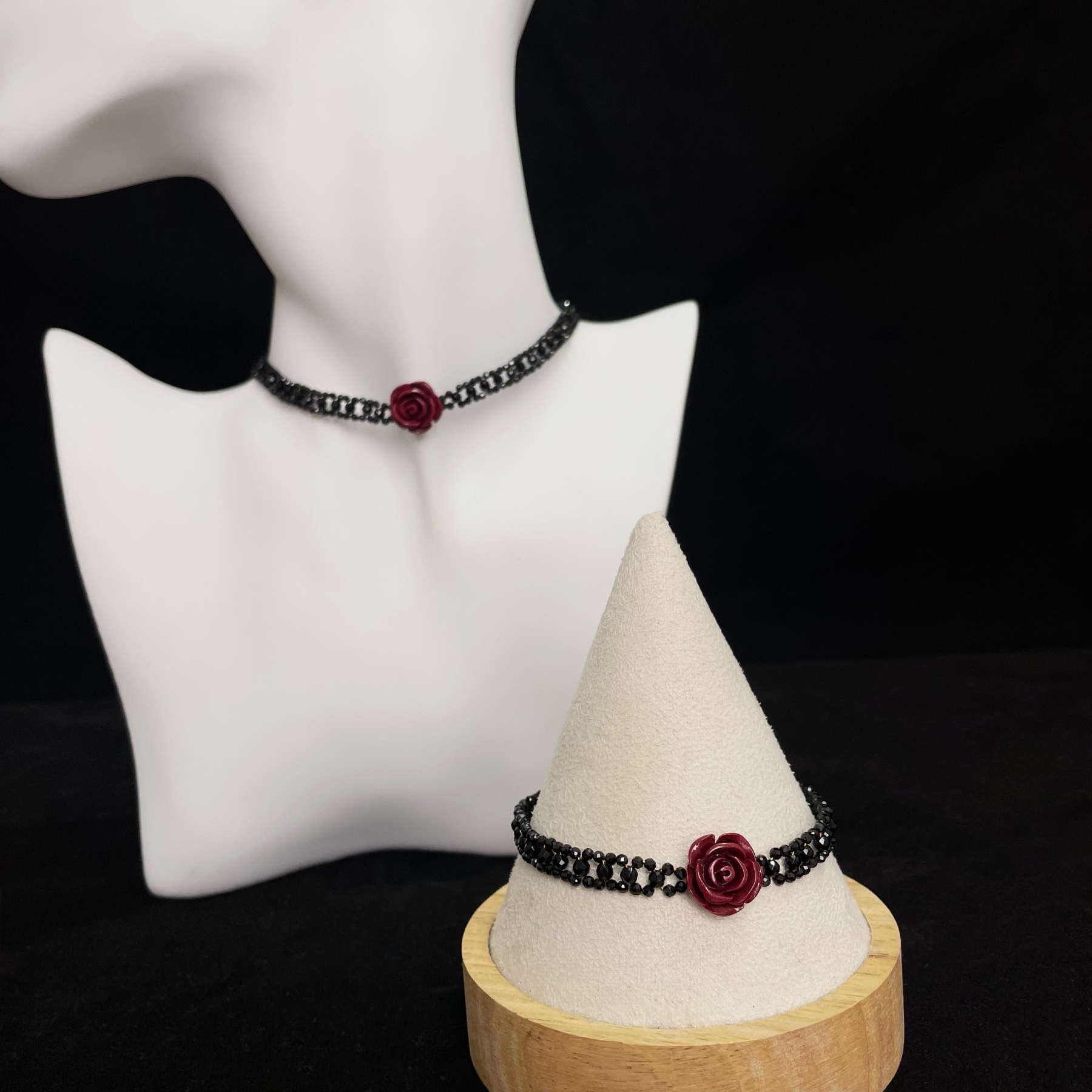 Woven Black Spinels Lace with Vermilion Stone Carved Rose Bracelet