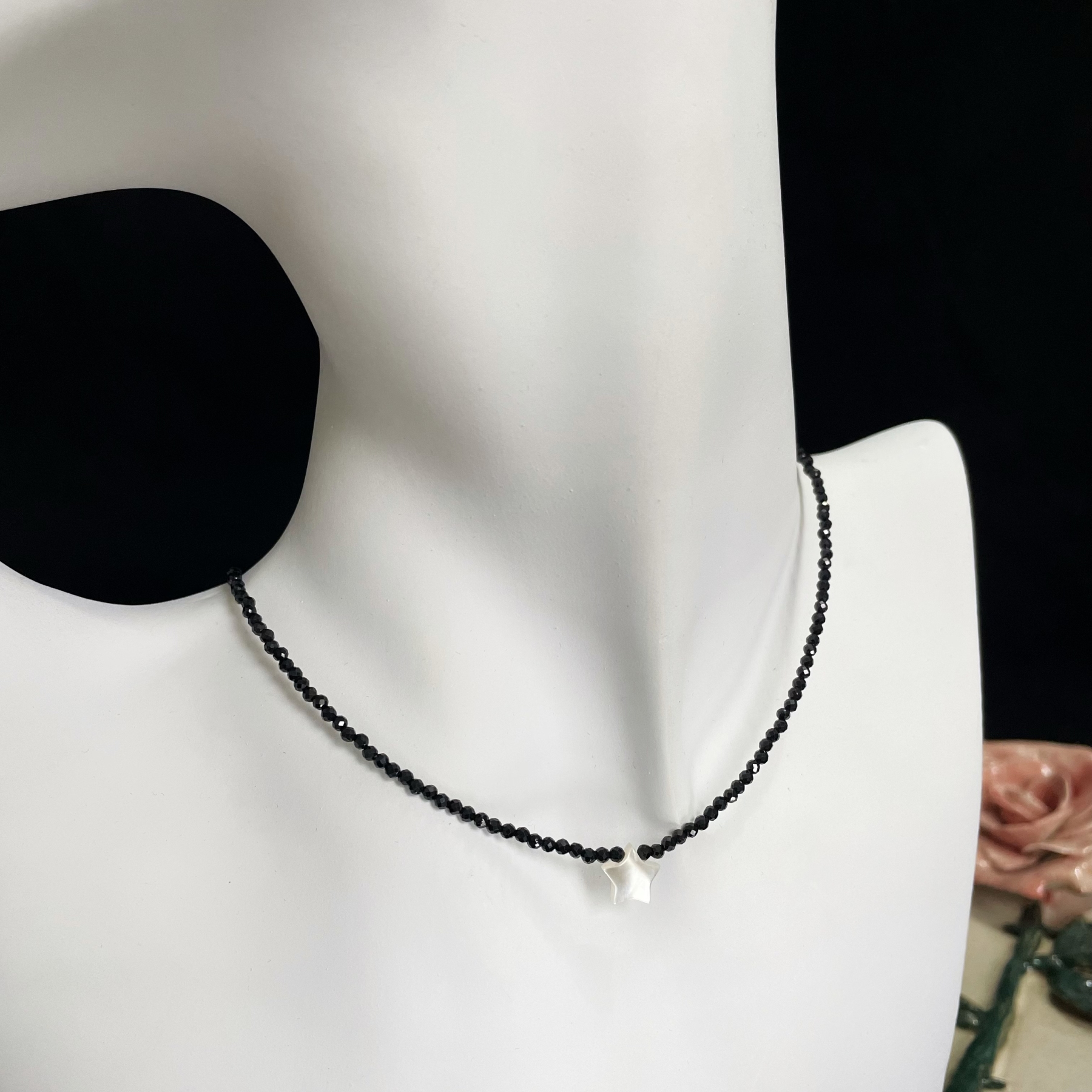 Black Spinel Mini Faceted Beads with Shell Star Necklace