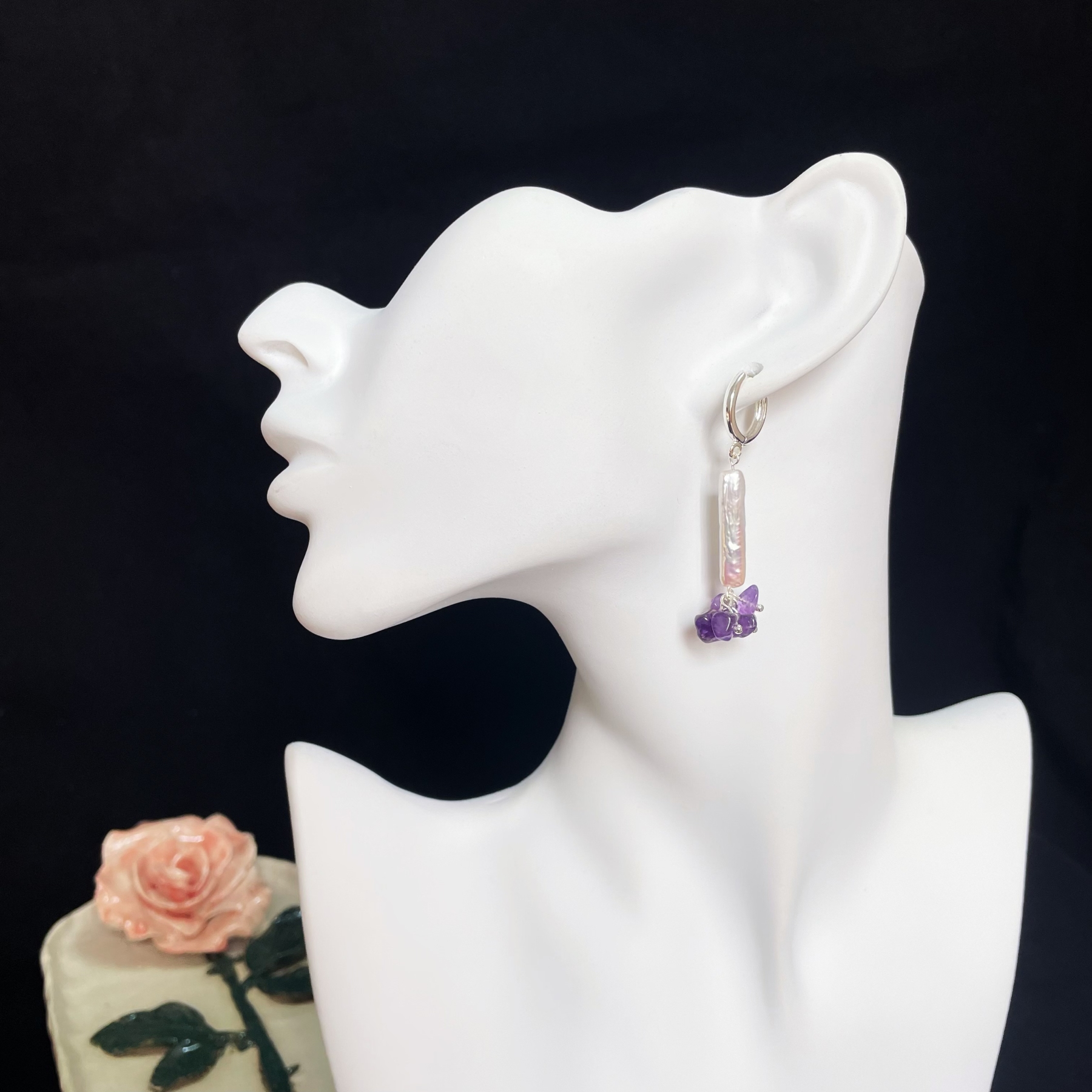 Amethyst Raw Stone Flower with Baroque Pearl Earrings