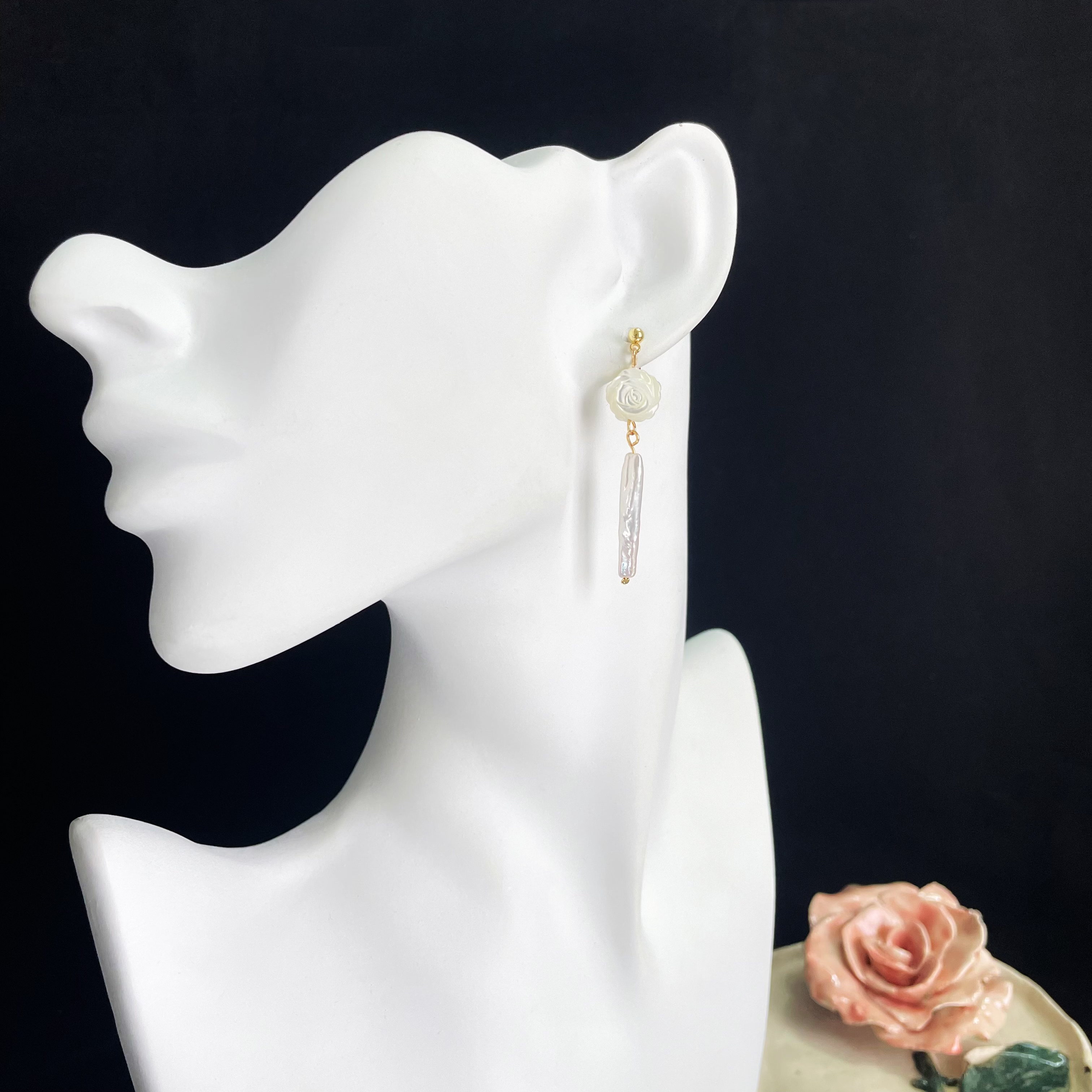 White Rose Earrings with Baroque Freshwater Pearl Branch