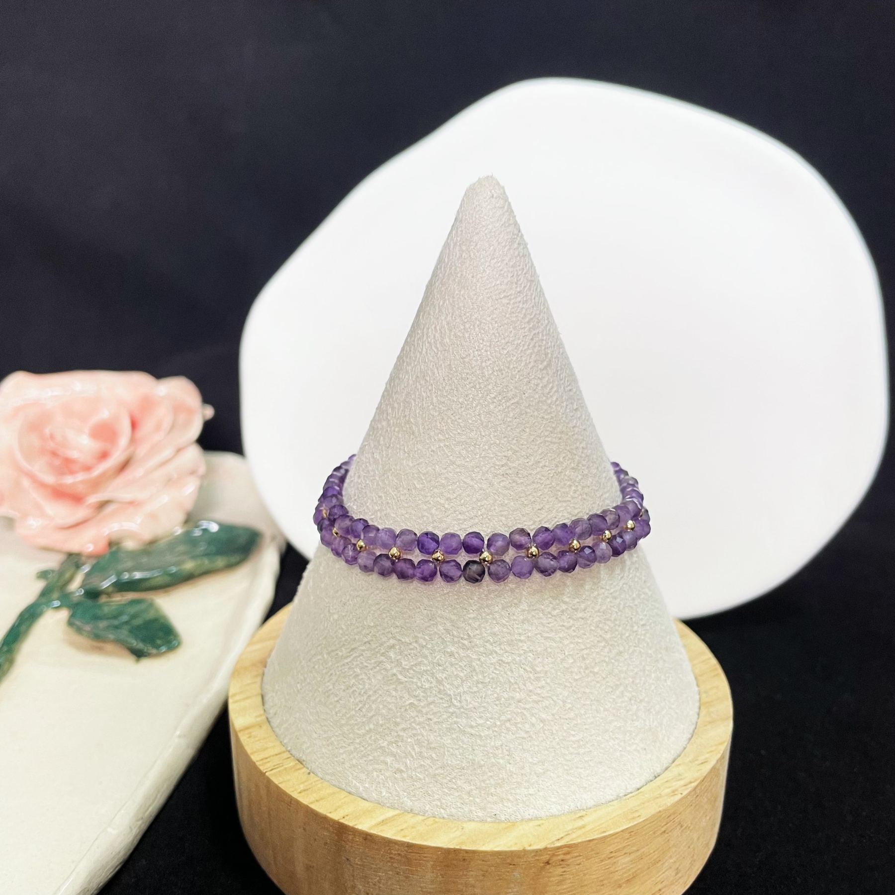 Double-Layer Woven Amethyst and Clear Quartz Faced Beads Bracelet