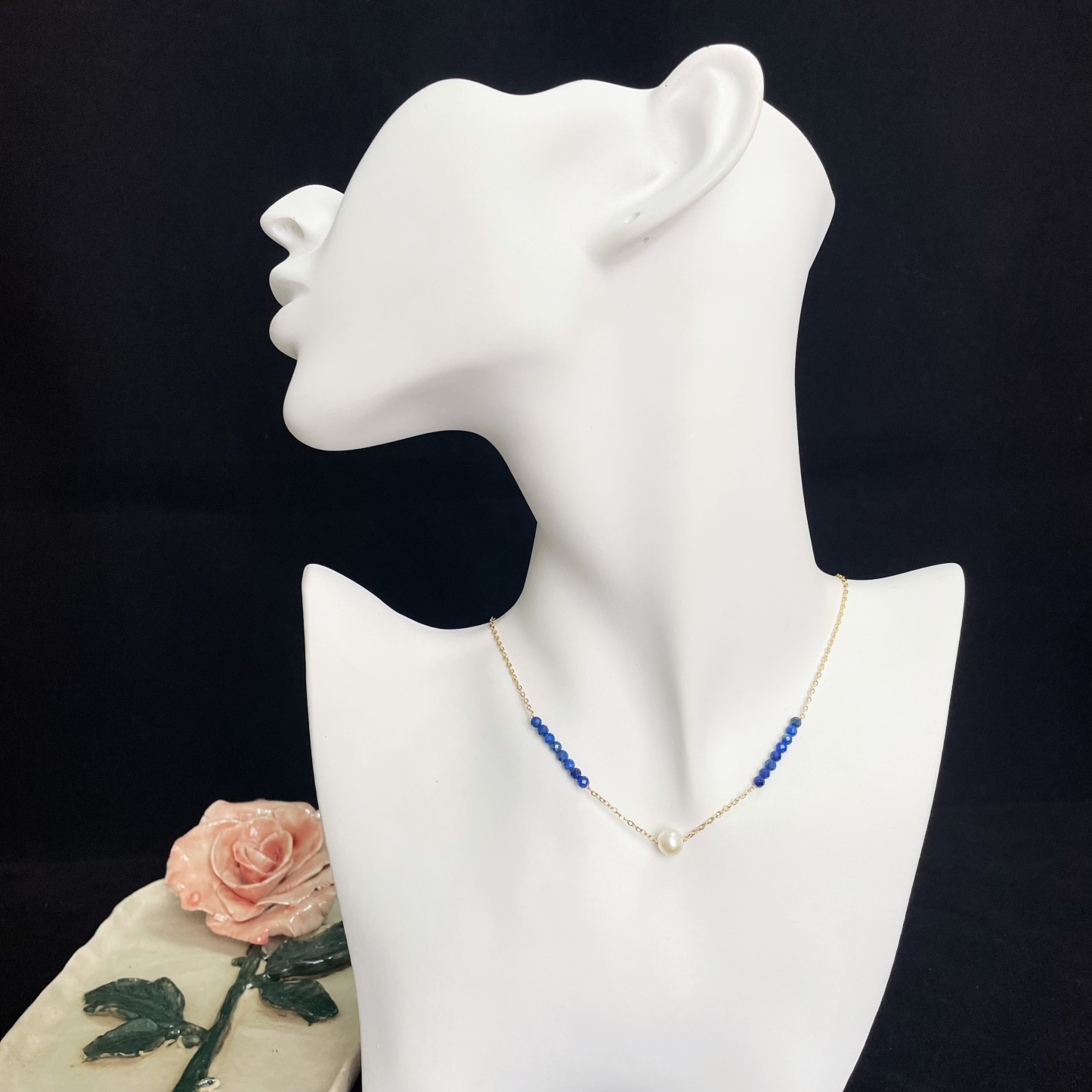 Slidable Pearl and Lapis Lazuli Beaded Necklace