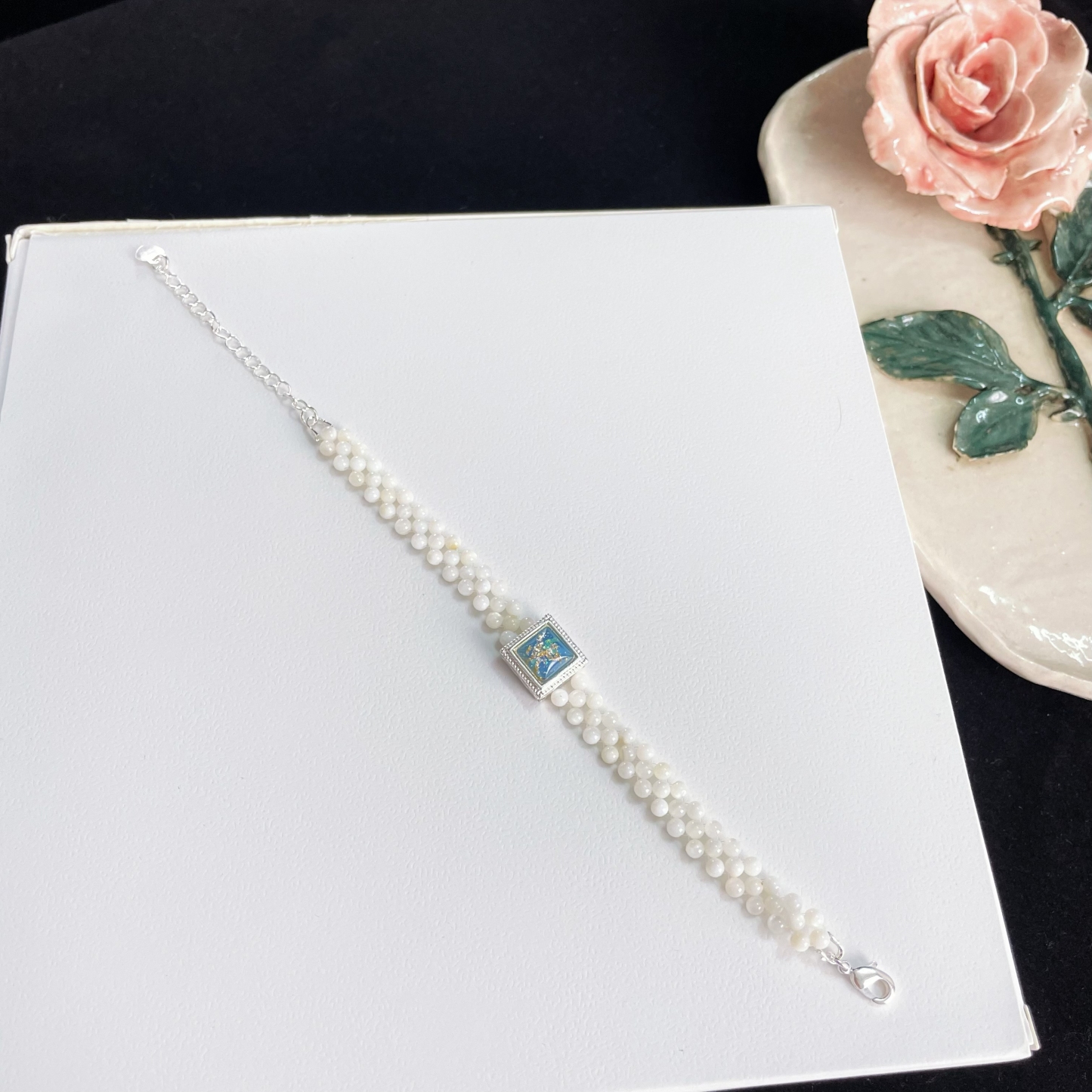 Handcrafted Woven Mother-of-Pearl Beads Bracelet with Blue Square Stone Accent