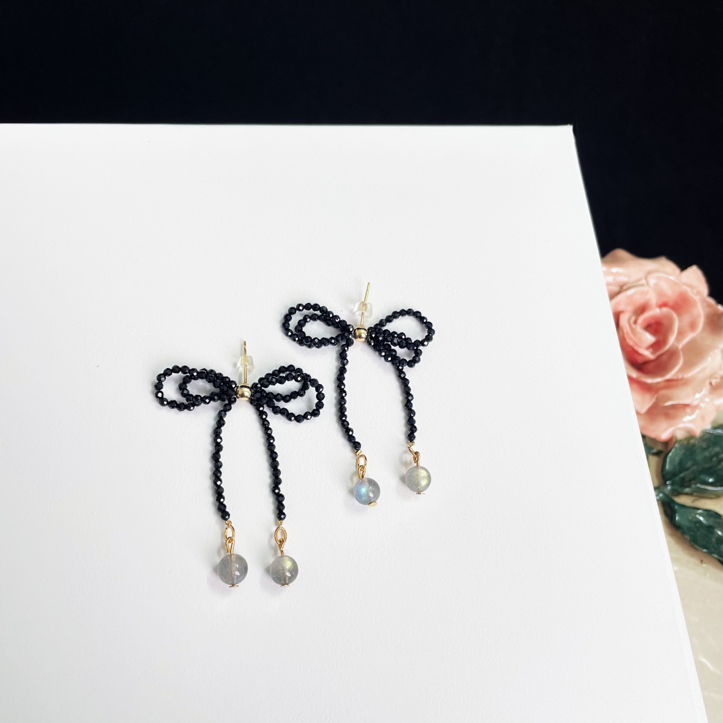Black Spinel Bowknot Earrings with Labradorite Accent