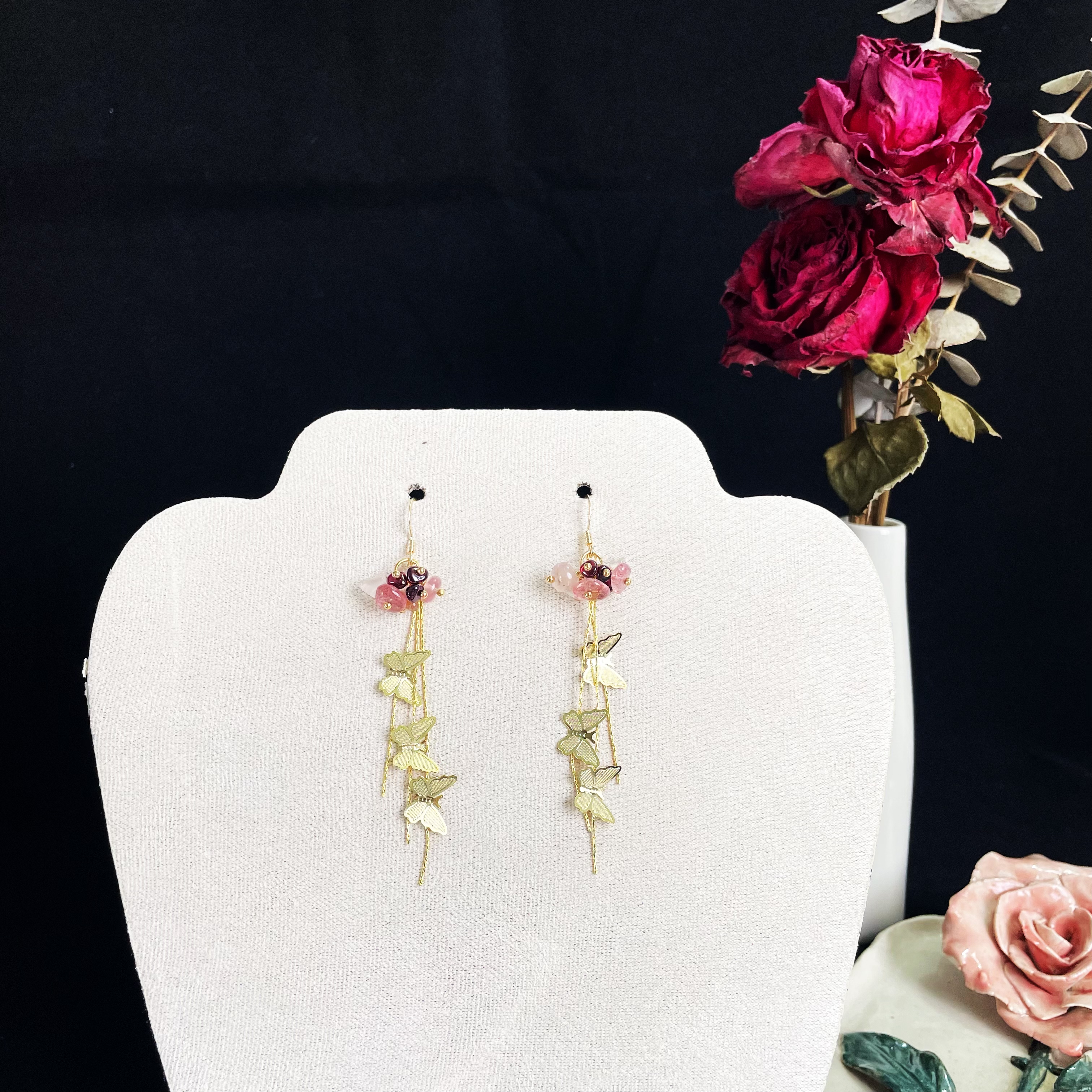 Enchanted Garden Earrings Pink Gemstone Flower with Gold Butterfly Tassels