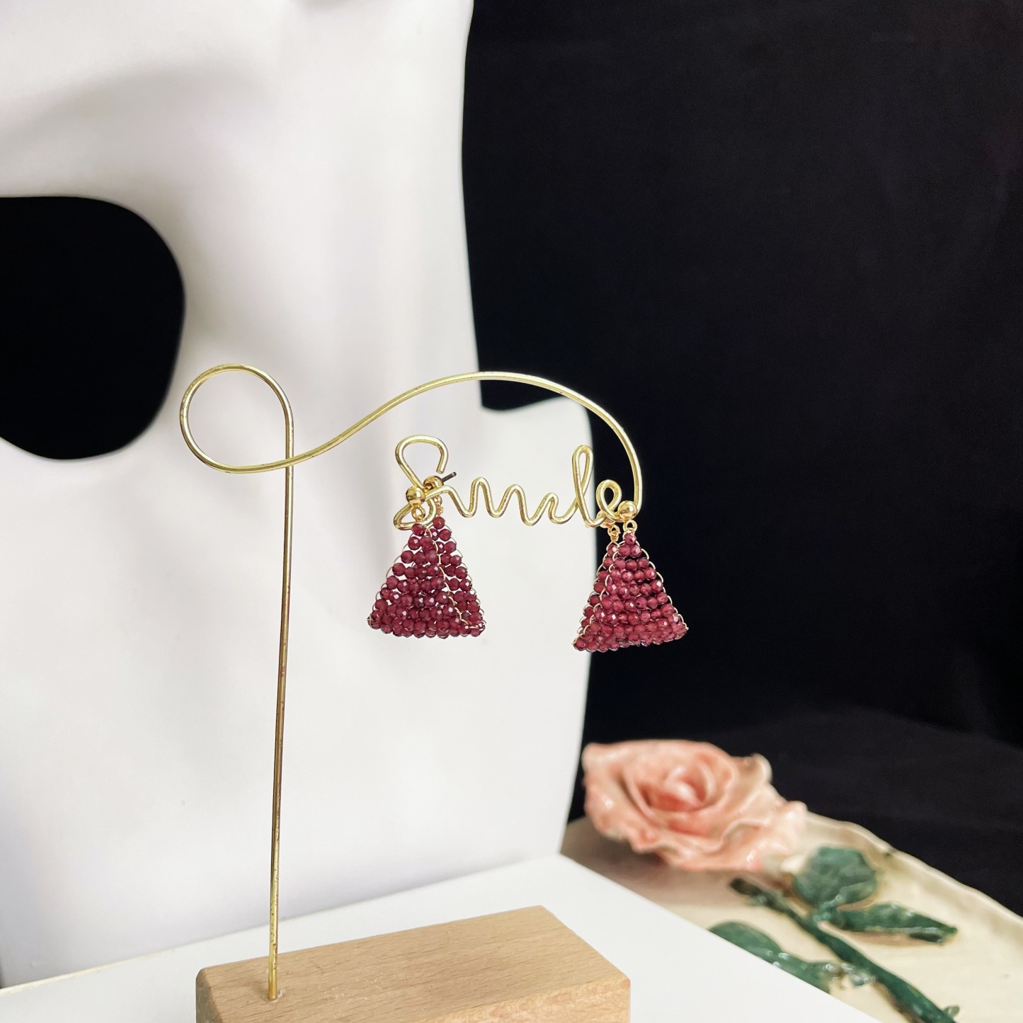 Wine Red Garnet Woven Boat Dangle Earrings