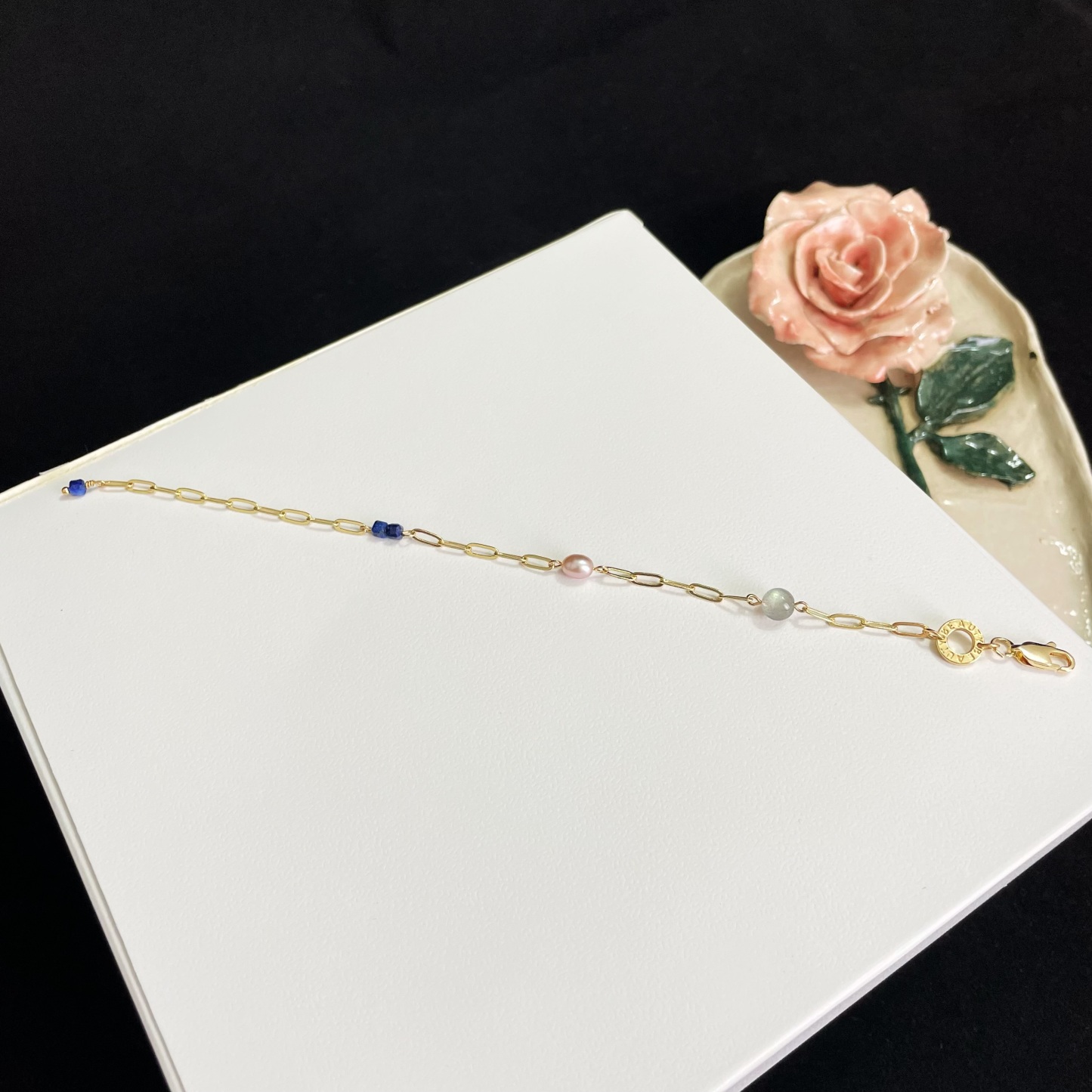 Labradorite, Lilac Purple Pearl, Lapis Lazuli, and 14k Gold-Plated Rectangle Chain Bracelet