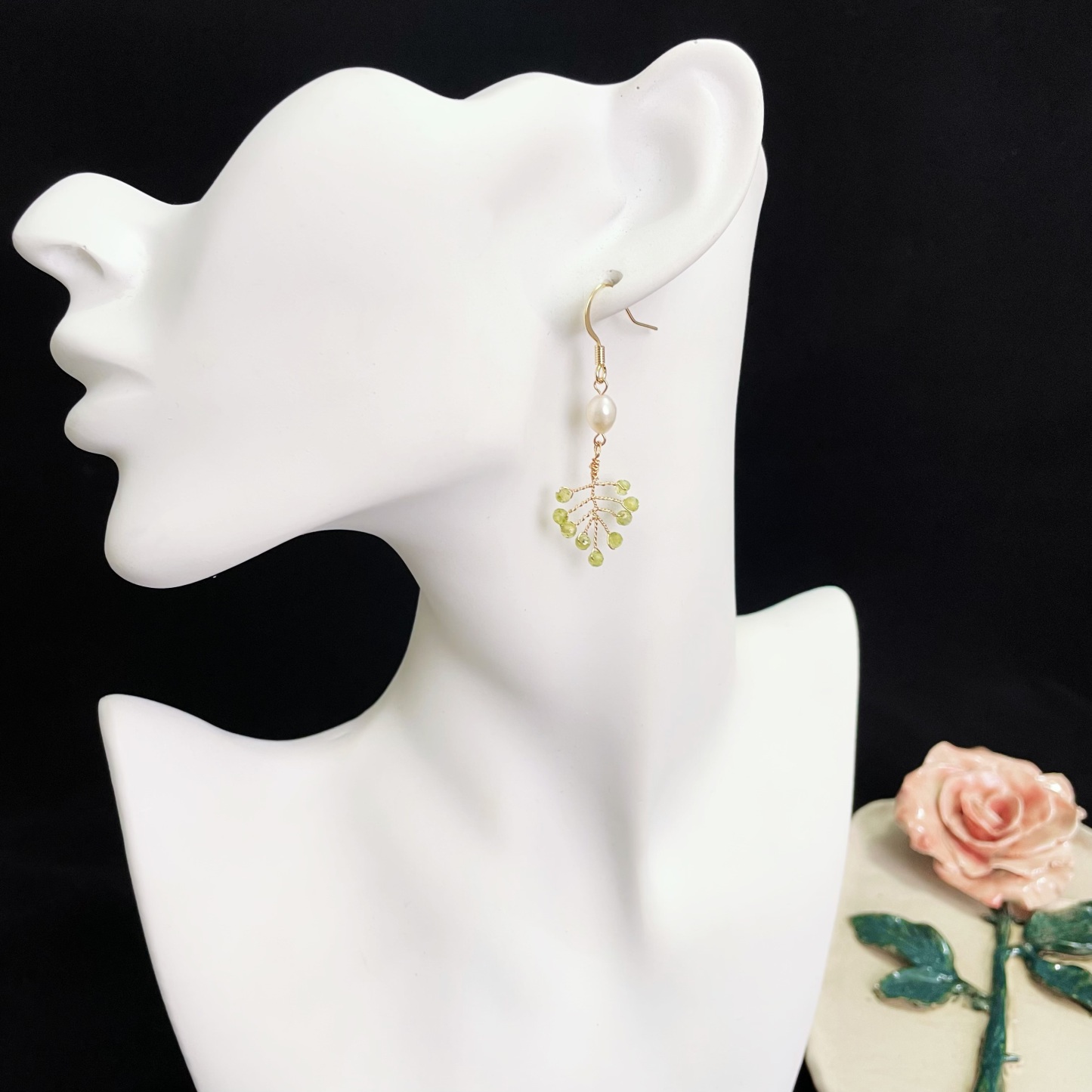 Peridot Leaf Drop Earrings Faceted Beads Wrapped in Gold Wire