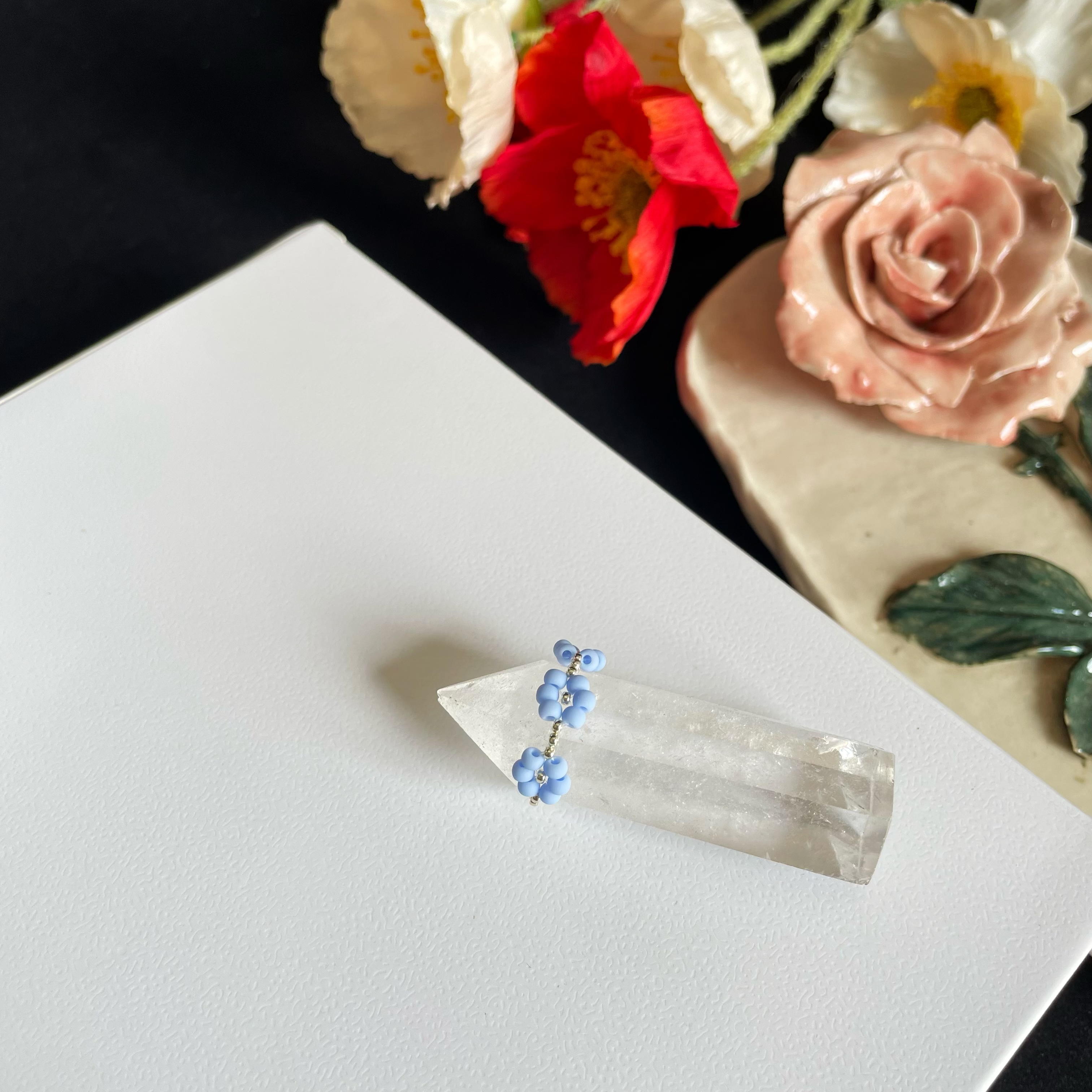 Creamy Blue Beaded Flower Ring