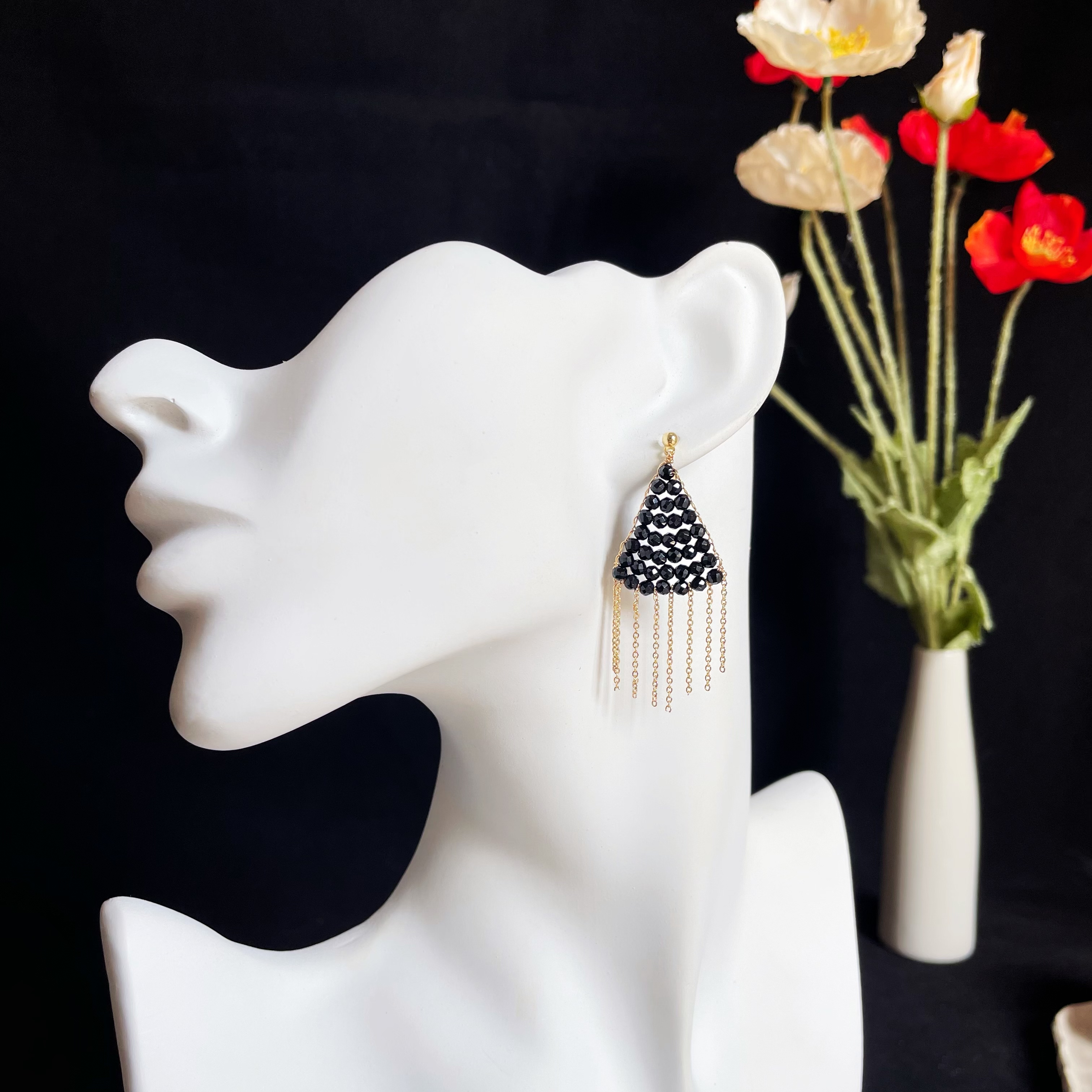 Black Spinel Faced Beads Woven Triangle Earrings with Gold Chain Tassels