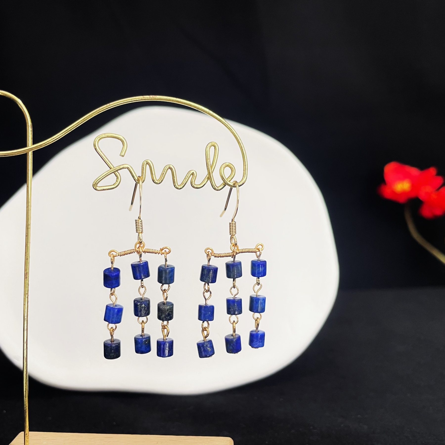  Triple Lapis Lazuli Tassel Earrings - Elegant Dark Blue Rain Design