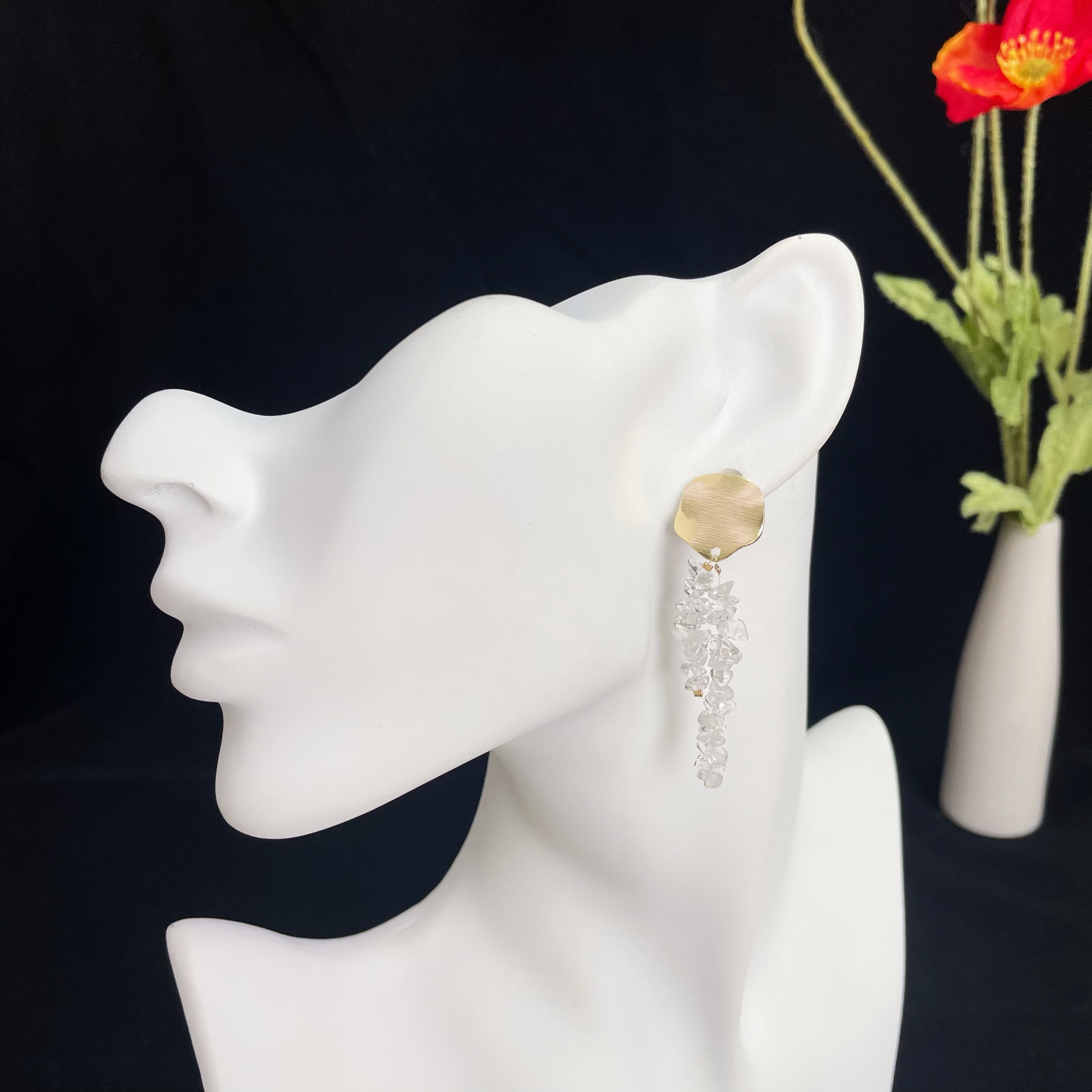 Clear Quartz Raw Stones Drop Earrings with Gold Wave Round Disc