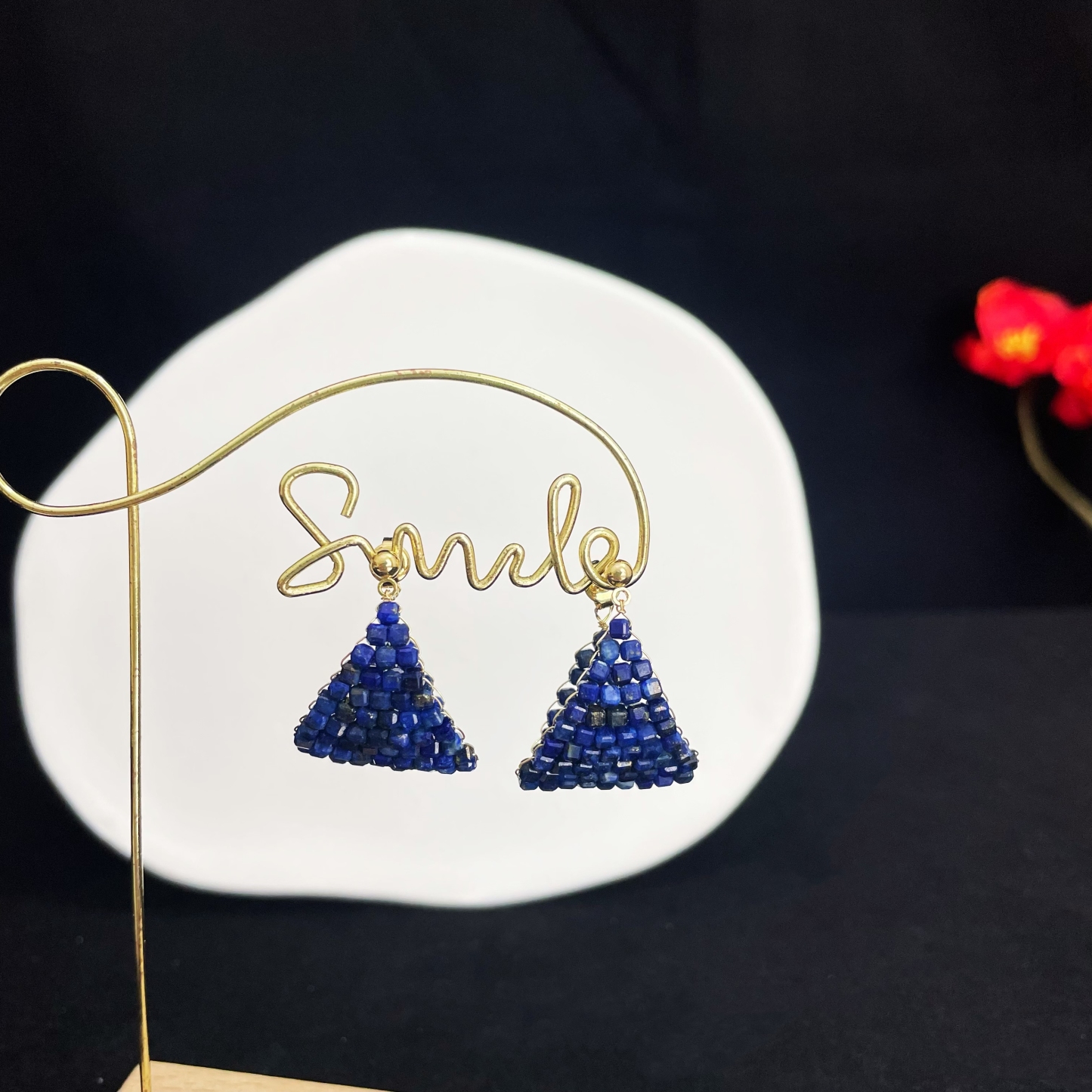 Woven Lapis Lazuli Earrings Dark Blue Boat in the Milky Way