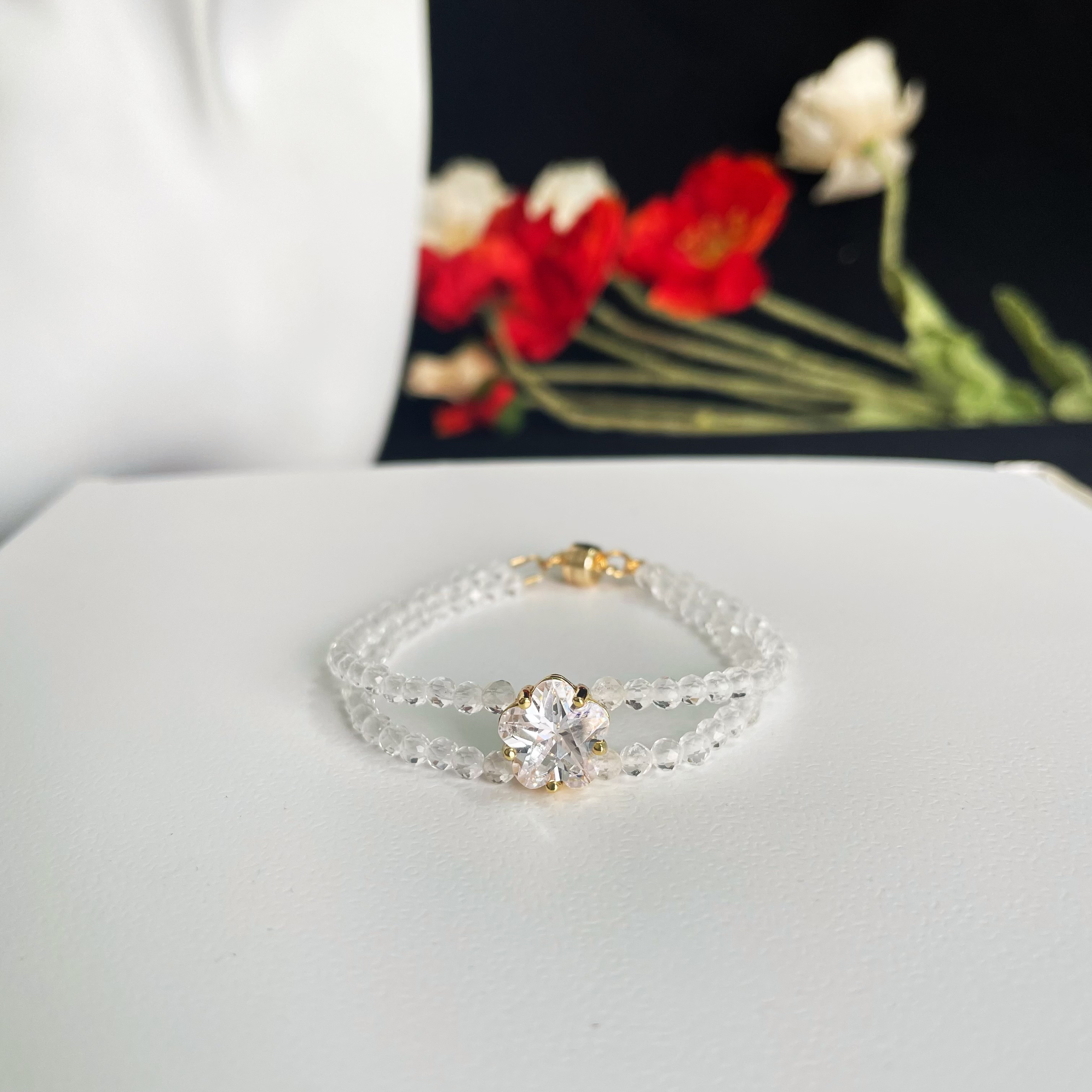 Elegant Double Line Gemstone Faced Beads Bracelet with Zircon Peach Blossom Charm