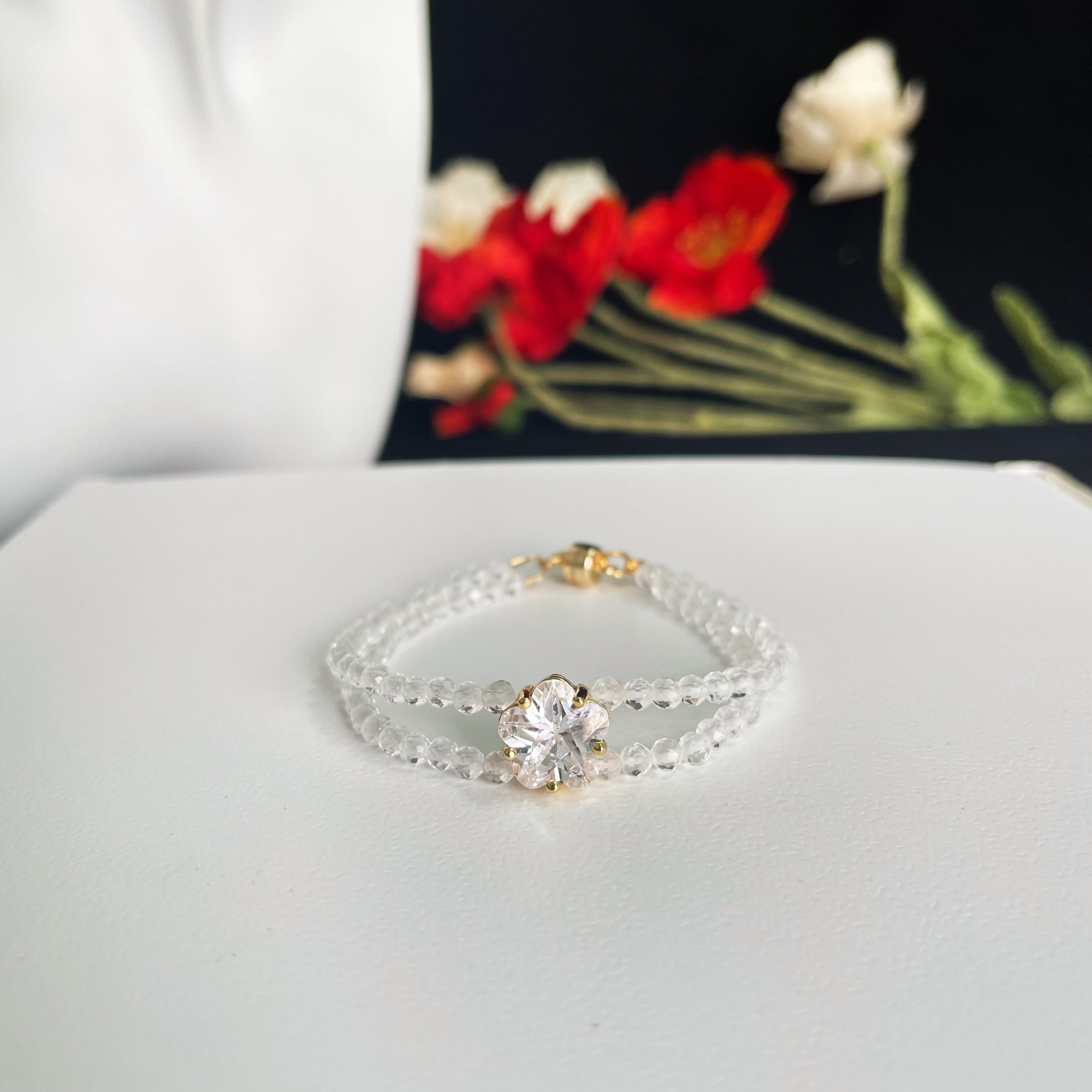 Elegant Double Line Gemstone Faced Beads Bracelet with Zircon Peach Blossom Charm