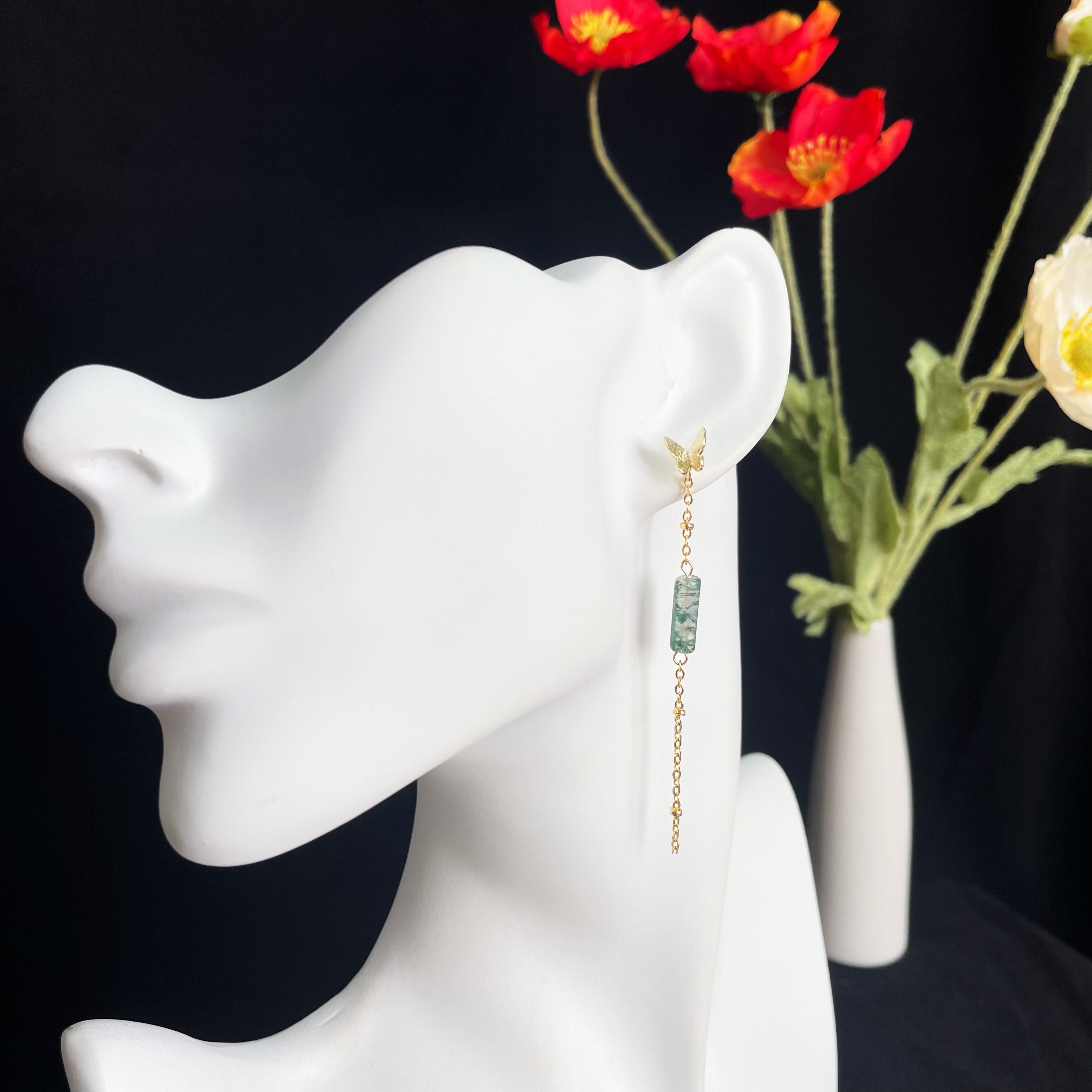 Exquisite Moss Agate Long Earrings with Gold Butterfly and Chain