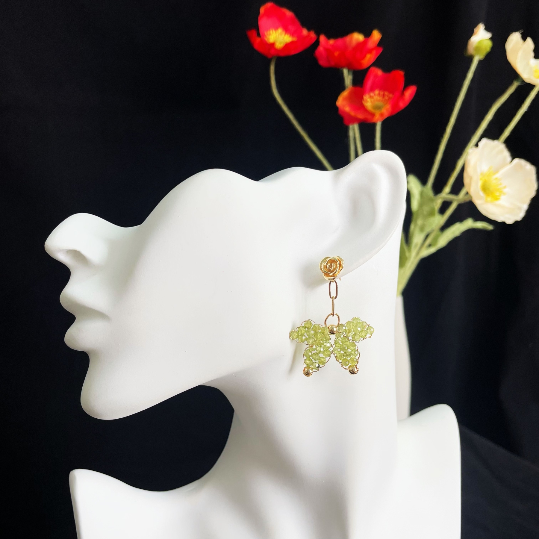 Stunning Peridot Butterfly Earrings with Gold Rose Drop Earrings