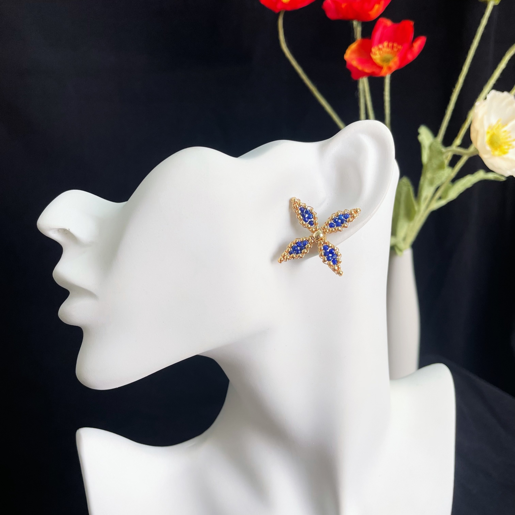 Blue and Gold Exquisite Lapis Lazuli Four Petals Flower Ear Studs 