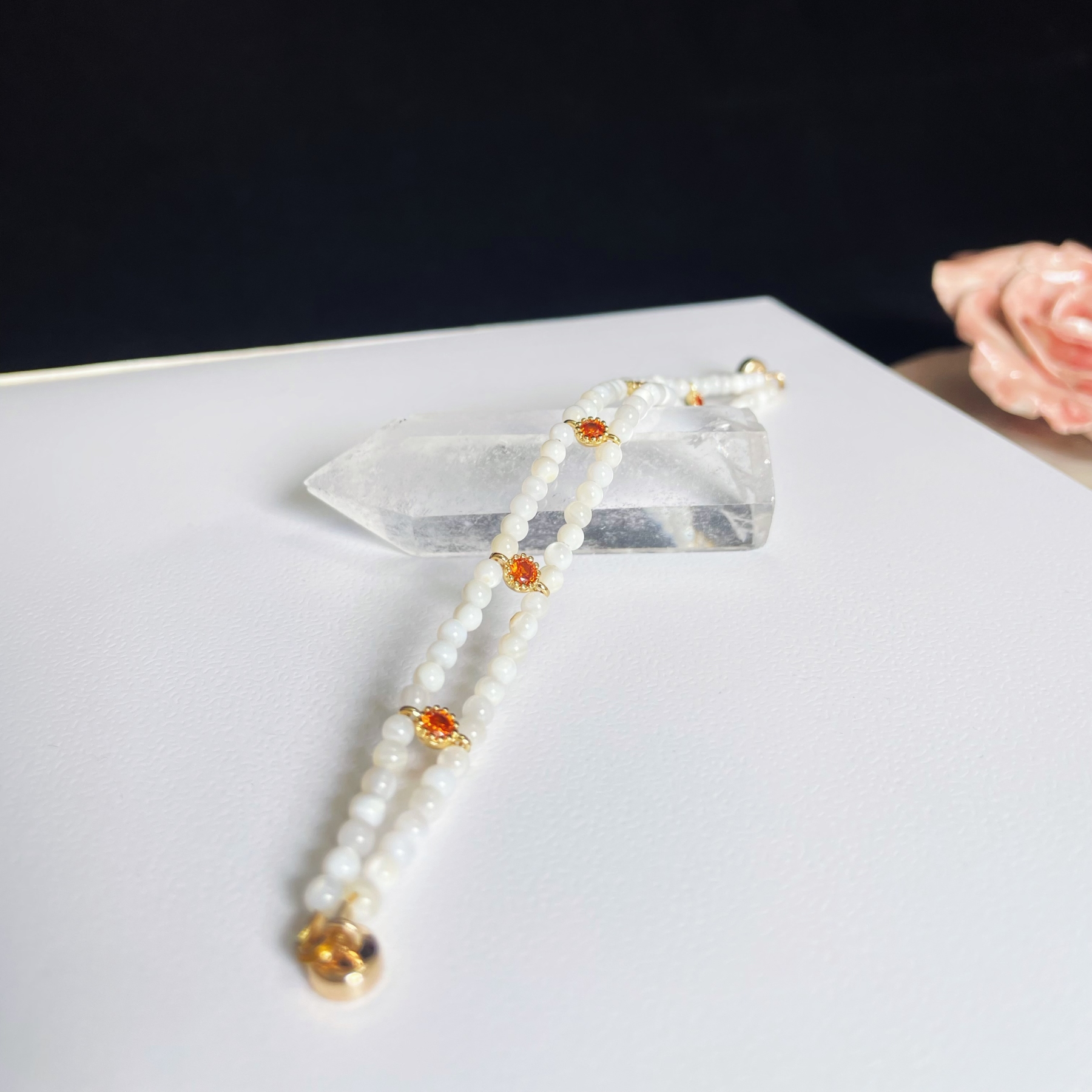 Elegant Double Line Mother-of-Pearl Bracelet with Orange Zircon