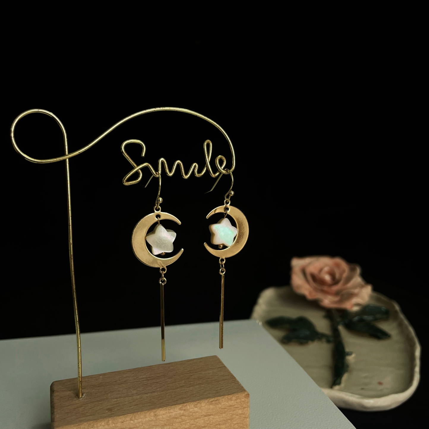 Moon and Star Earrings with Mother-of-Pearl Star