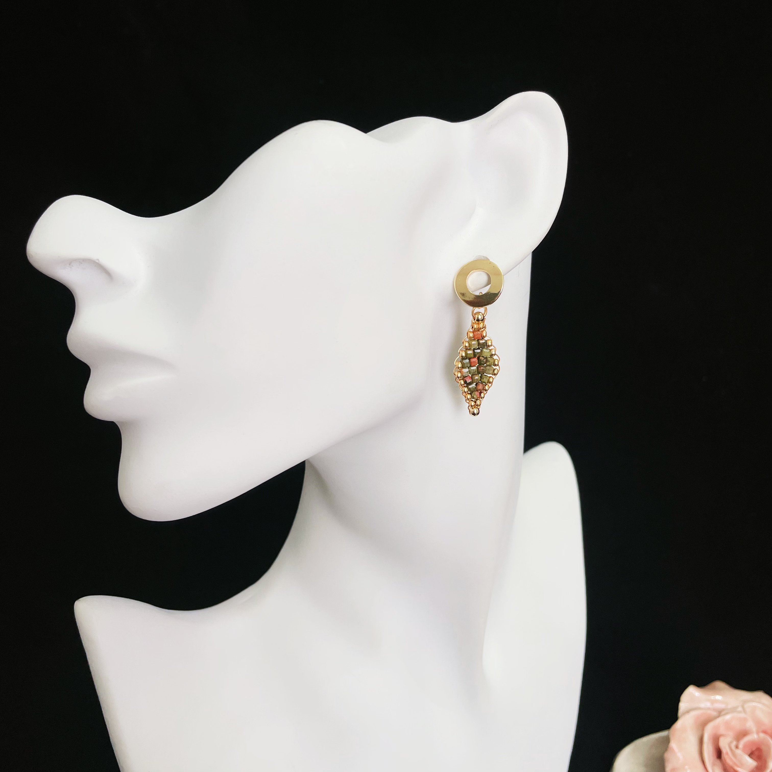 Unakite Cube Woven Rhomboid Design Beads Earrings