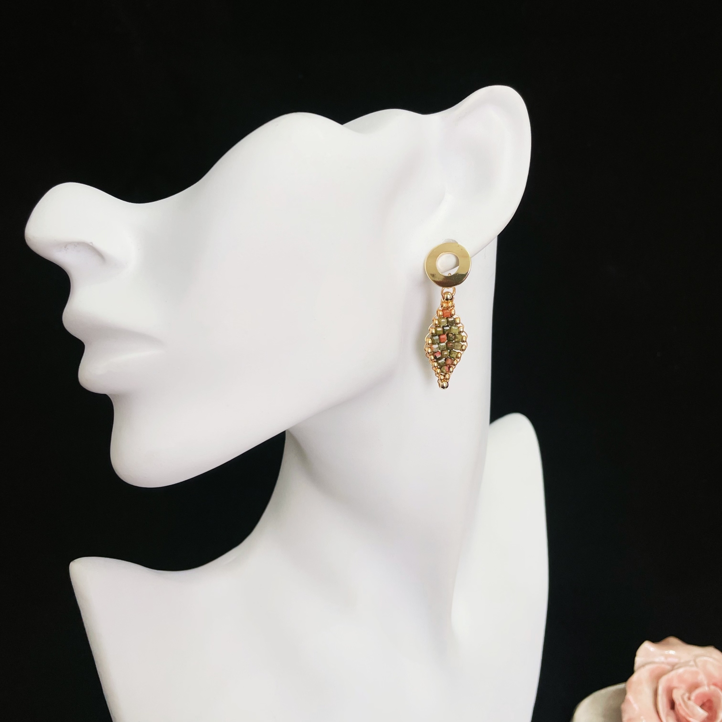 Unakite Cube Woven Rhomboid Design Beads Earrings