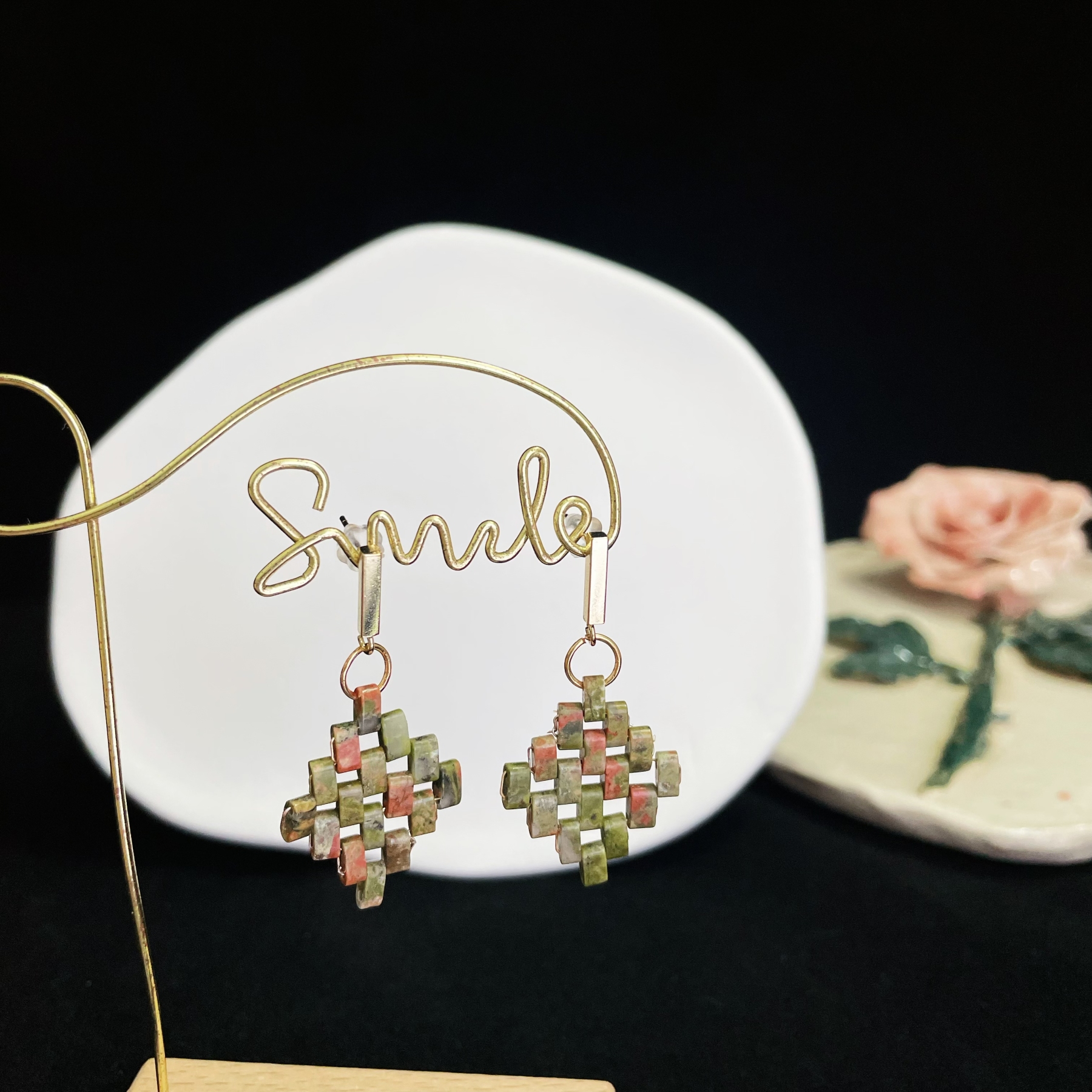 Handmade Unakite Rectangle Beads Woven Rhomboid Shaped Earrings