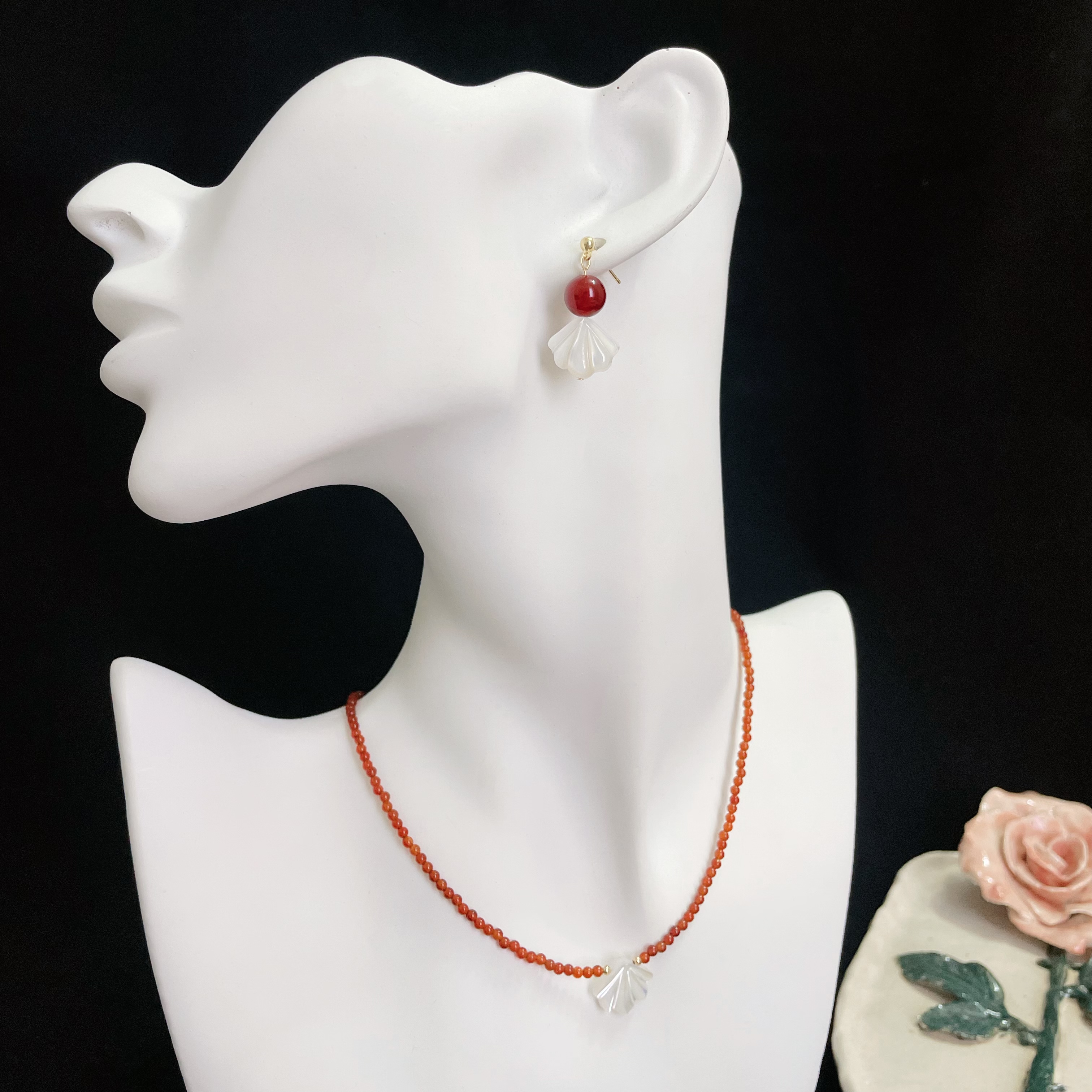 Red Agate and White Shell Charm Necklace