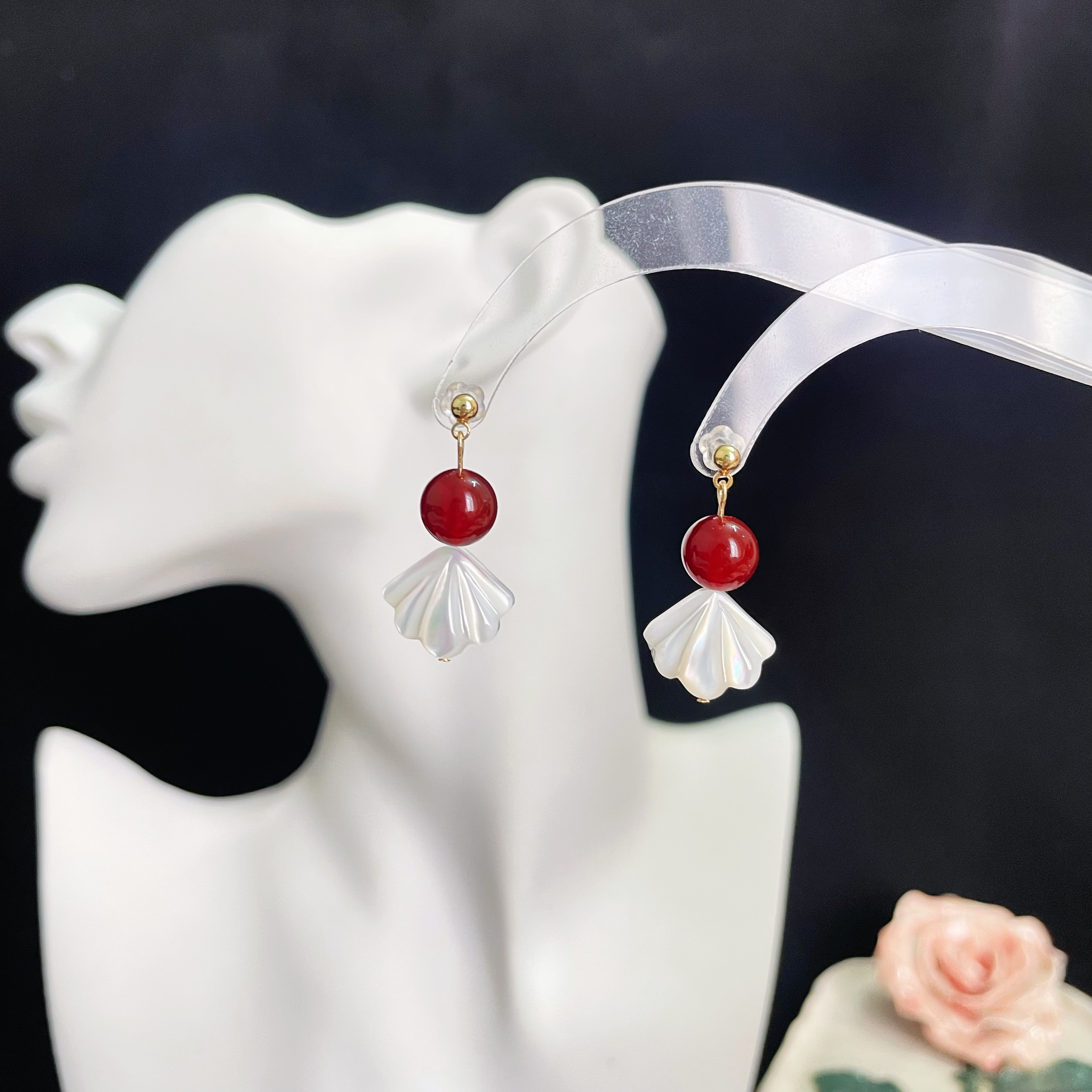 Goldfish Inspired Earrings Red Agate and White Shell Fishtail Design