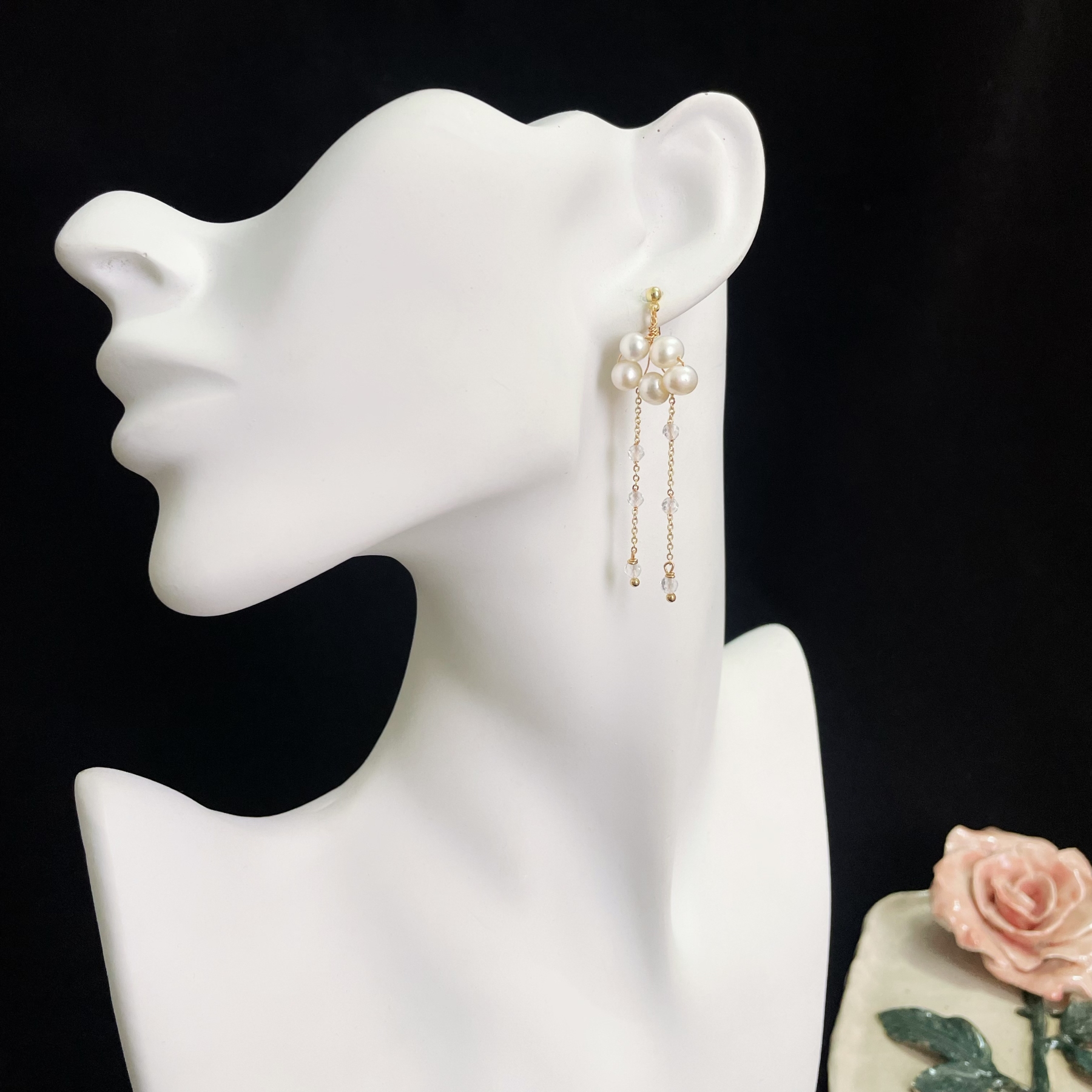 Rainy Cloud Earrings Freshwater Pearl Cloud and Clear Quartz Rain