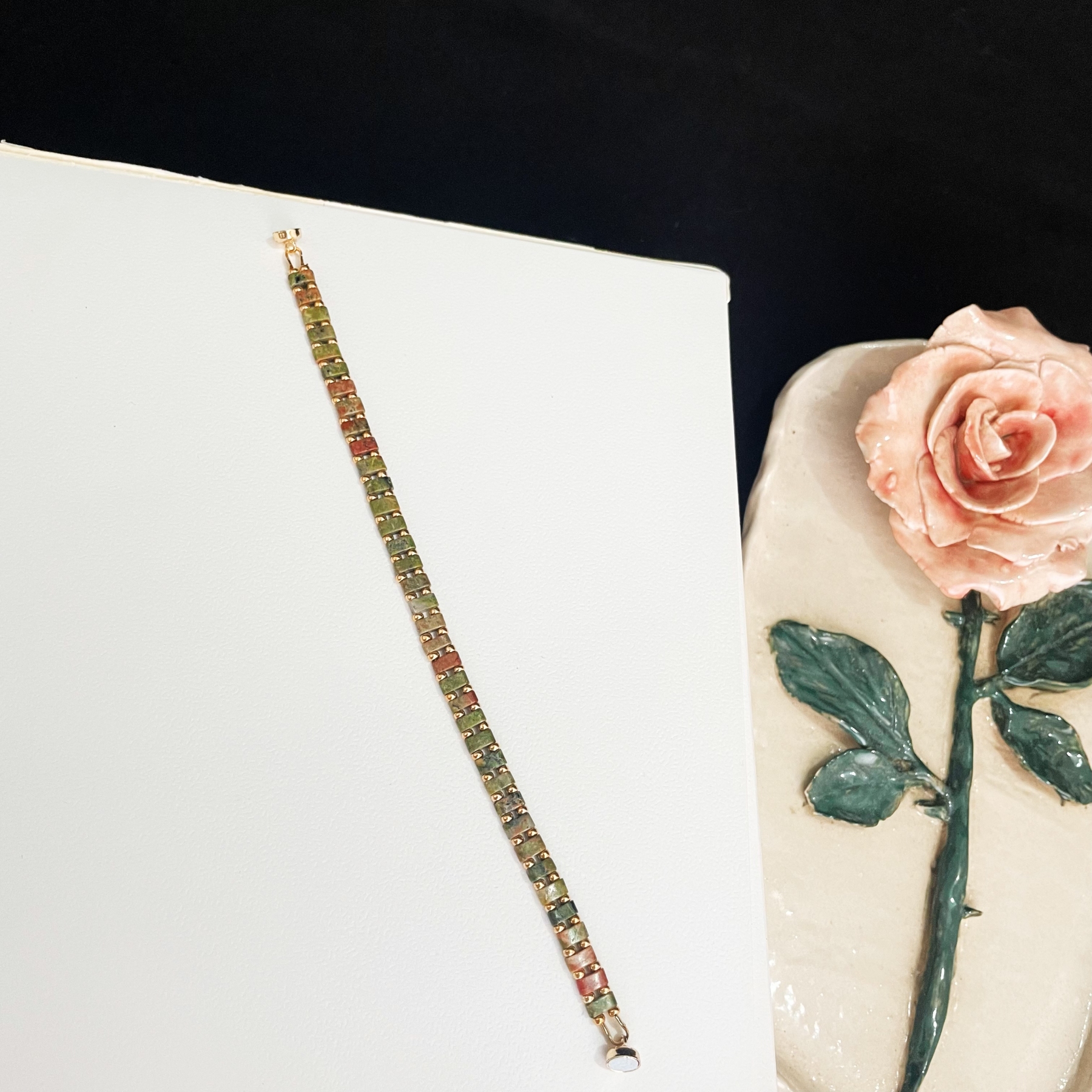 Handcrafted Unakite and Gold Seed Bead Bracelet with Magnetic Buckle