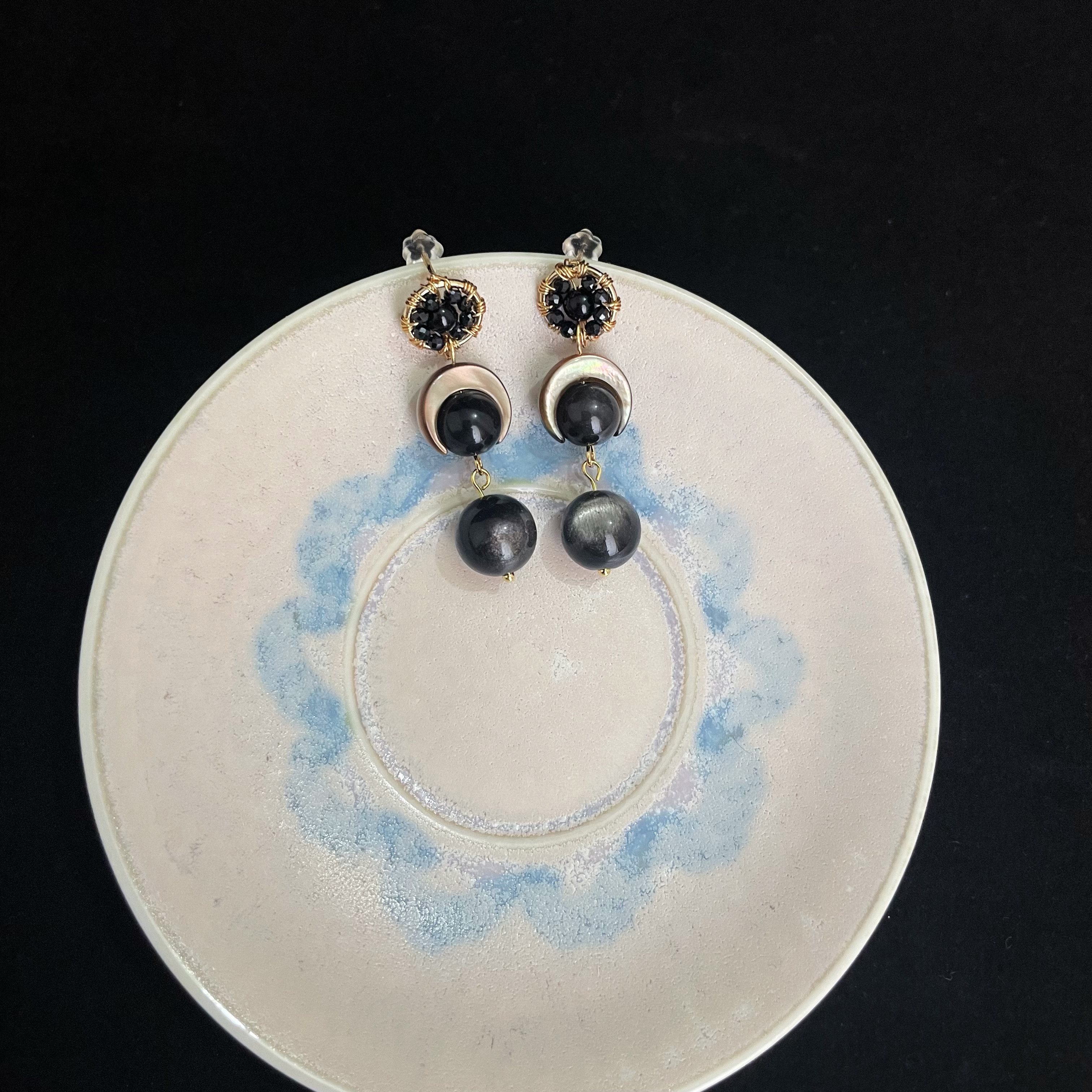 Stunning Three-Layer Black Bead Earrings