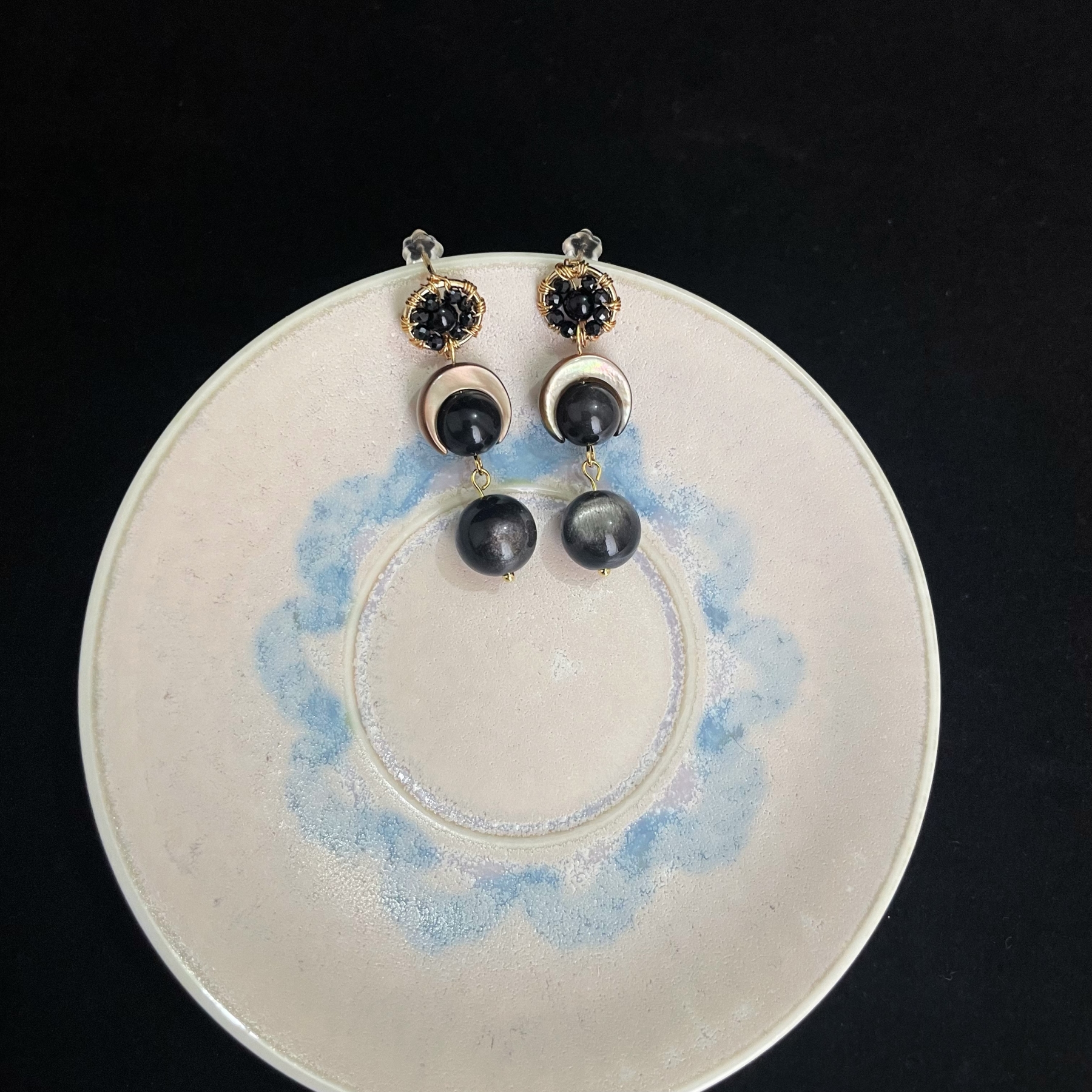 Stunning Three-Layer Black Bead Earrings