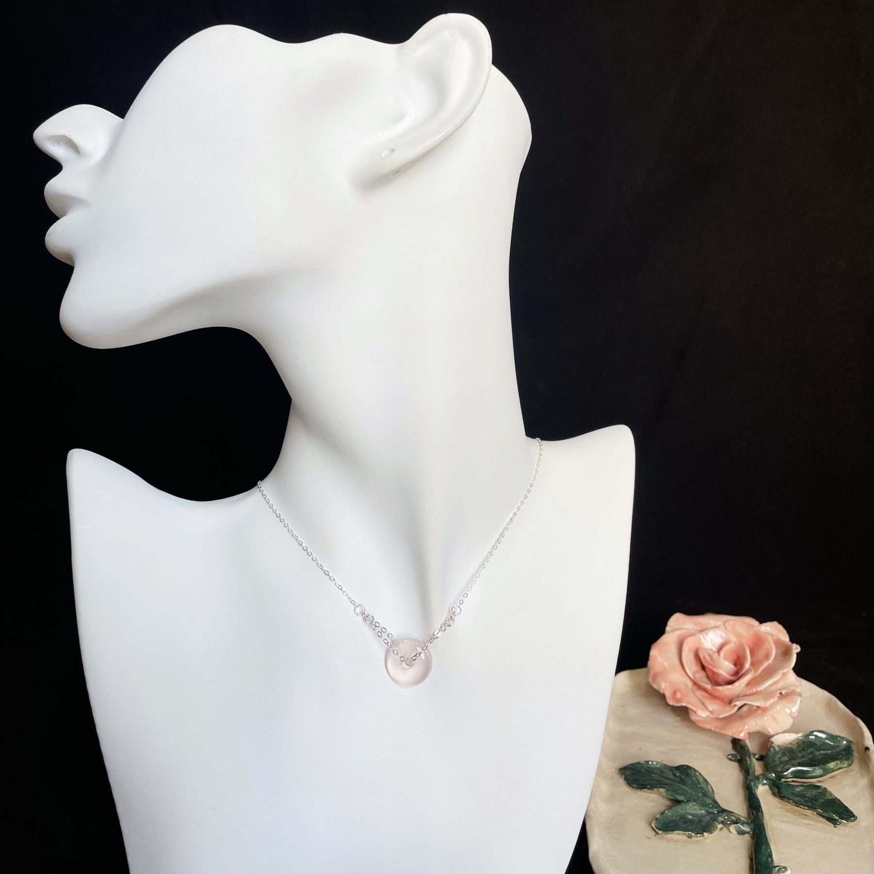 Sweet 925 Sterling Silver Necklace with Mozambique Rose Quartz Doughnut Pendant