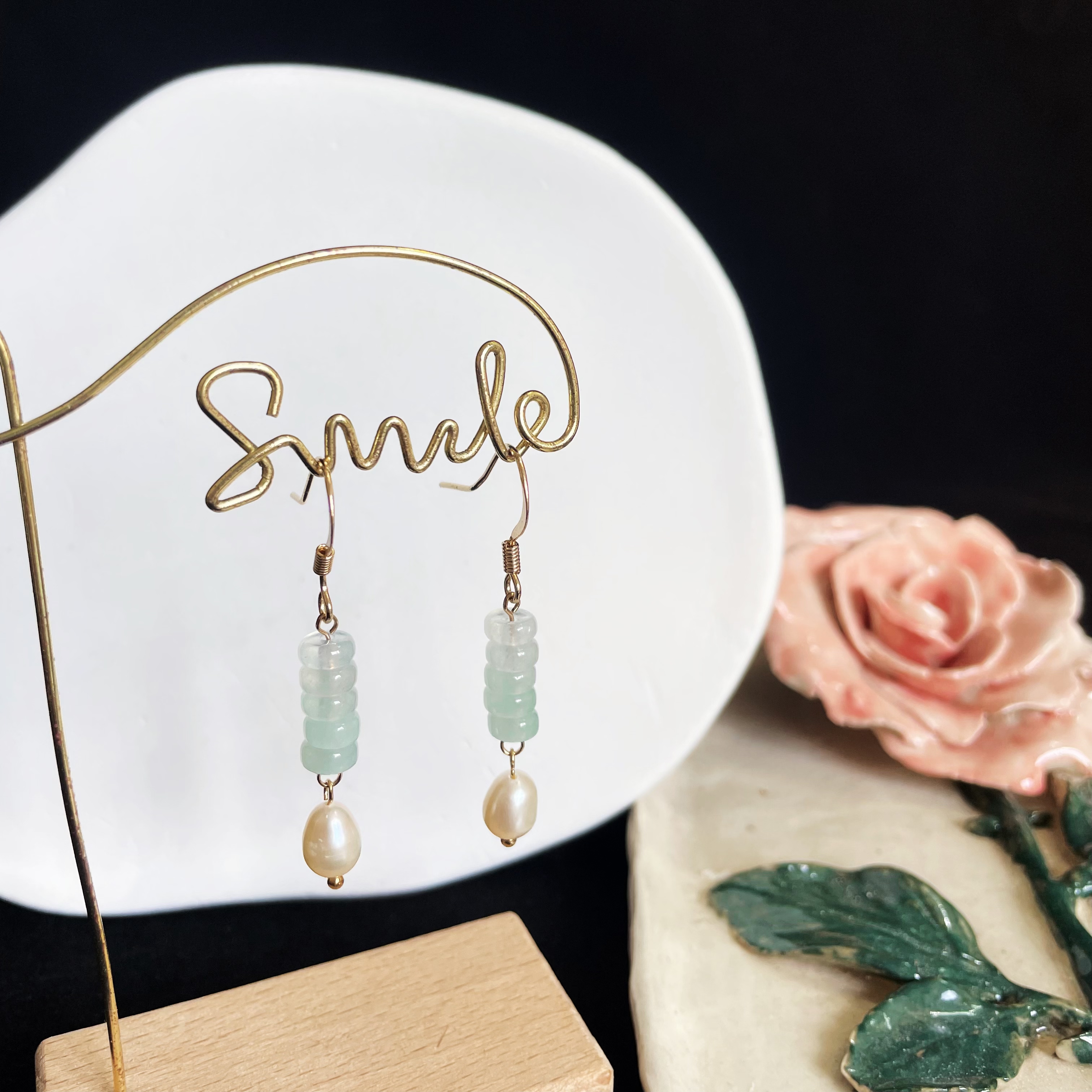 Charming Ice Light Green Jadeite Wheel Beads and Freshwater Pearls Earrings