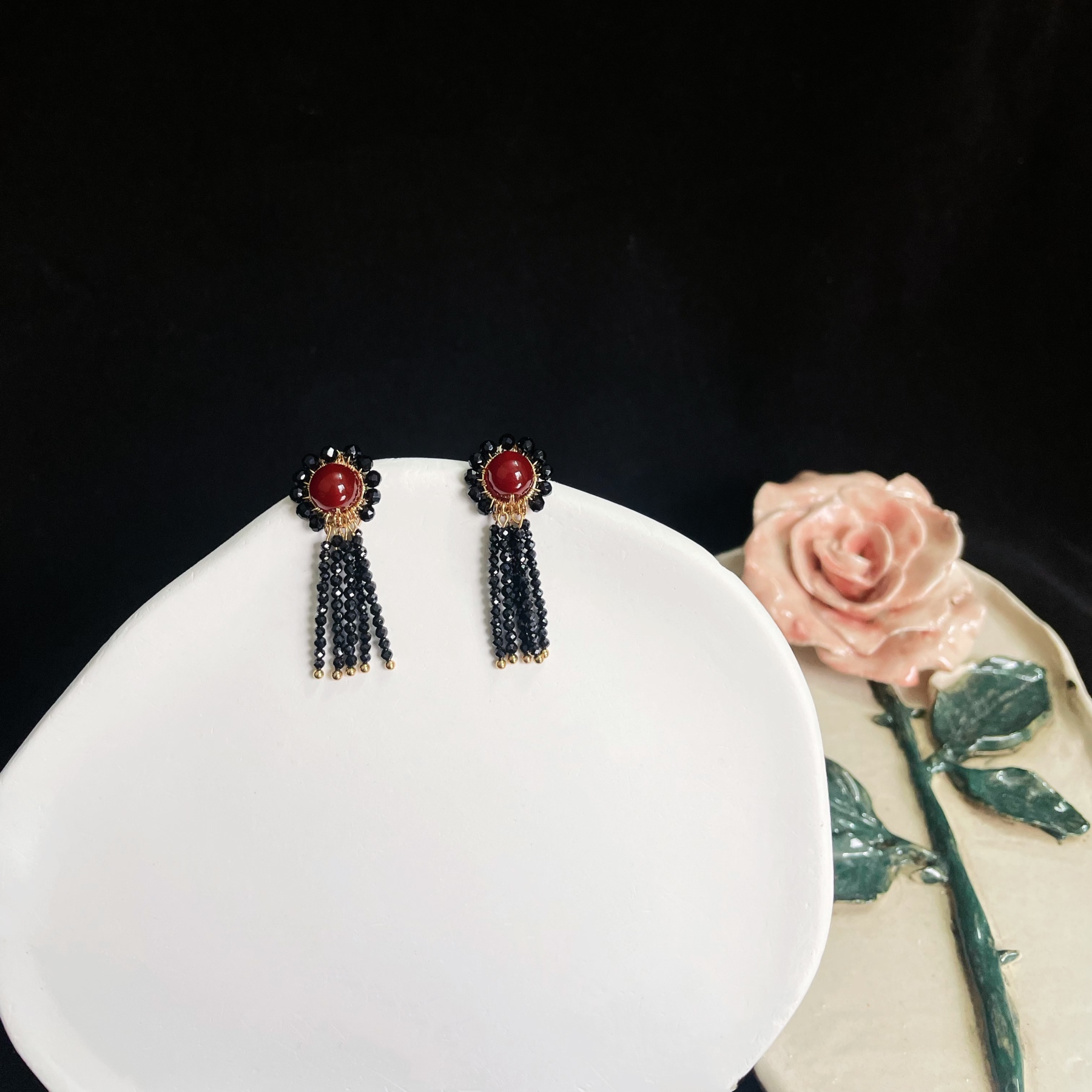 Red Agate and Black Spinel Woven Flower with Tassels Earrings