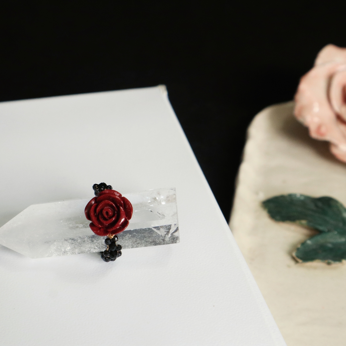 Spinel Faced Beads Woven Lace Ring with Cinnabar Rose Centre